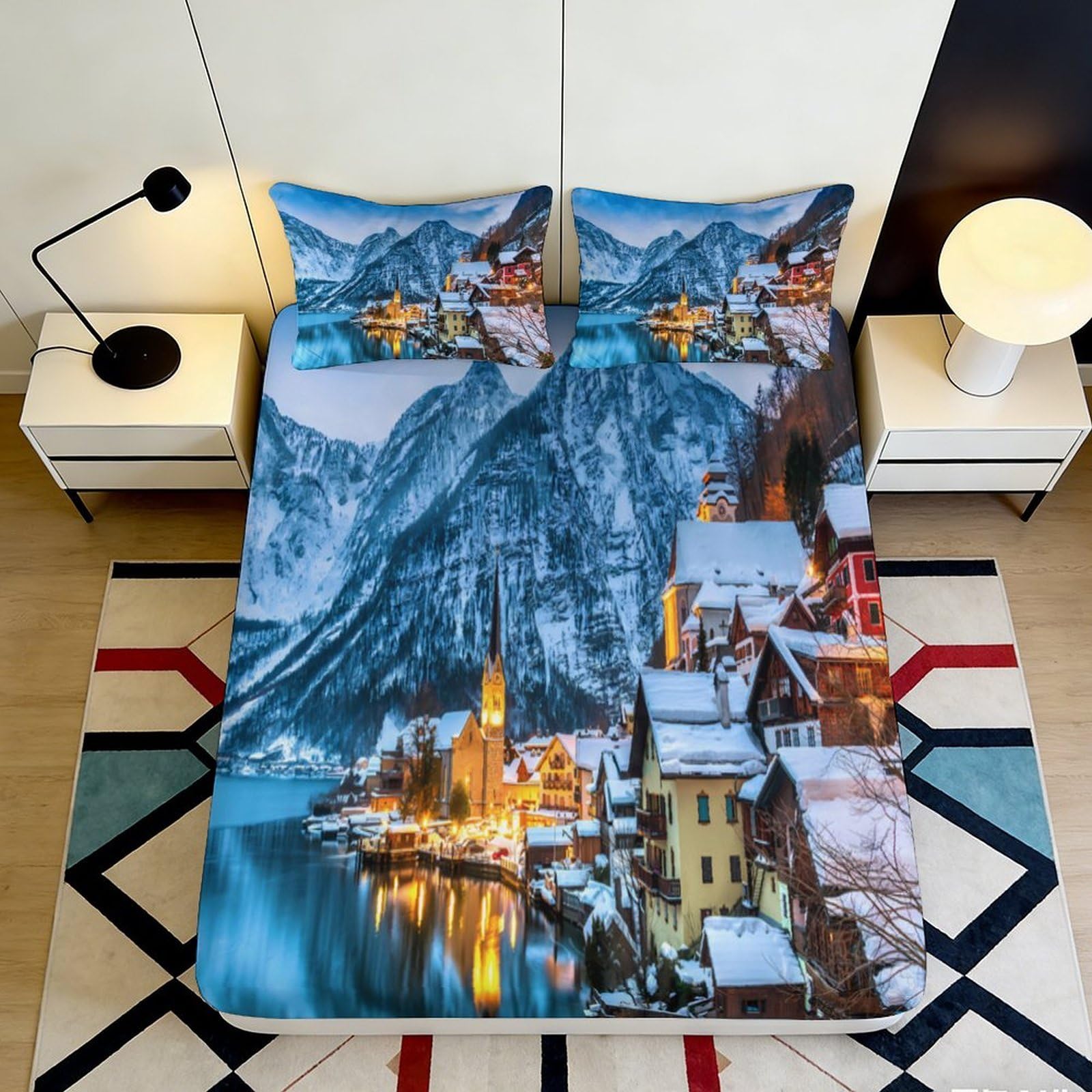 3D Printed Snowy Village Fitted Sheet Microfiber Winter Mountain Bed Cover for Bedroom Guest Room Mattress Protection Decor 180x200x25cm