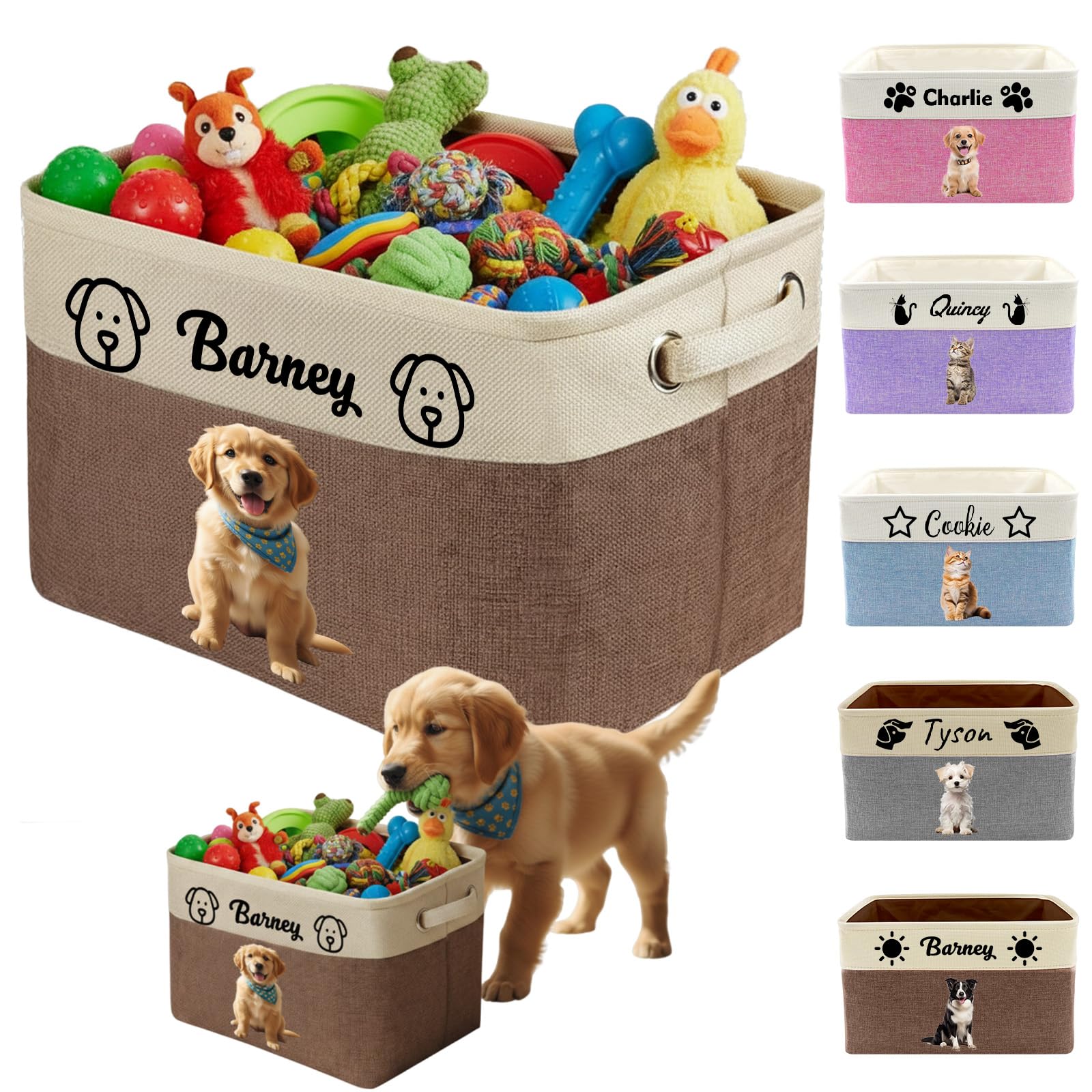 Morlavid Brown Personalised Dog Toy Basket Custom Pet Collapsible Toy Box With Name Picture Customised Storage Bins For Dog Toy Clothing,
