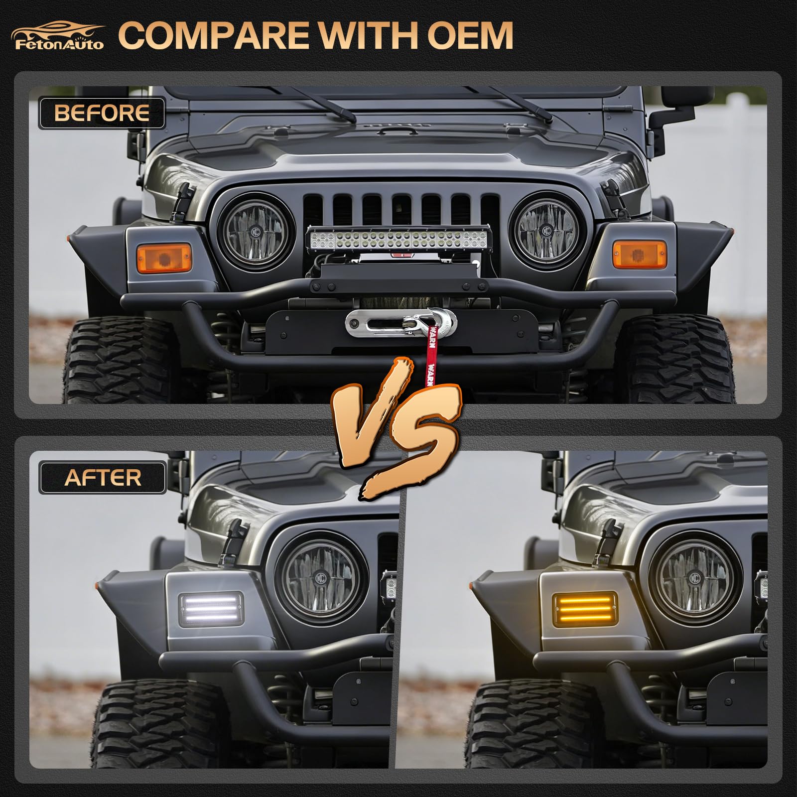 FetonAuto LED sequenziale anteriore luci di segnalazione DRL bianco per 1997-2006 Jeep Wrangler TJ, fumé lente paraurti dinamico ambra lampeggiatore indicatore luci laterali