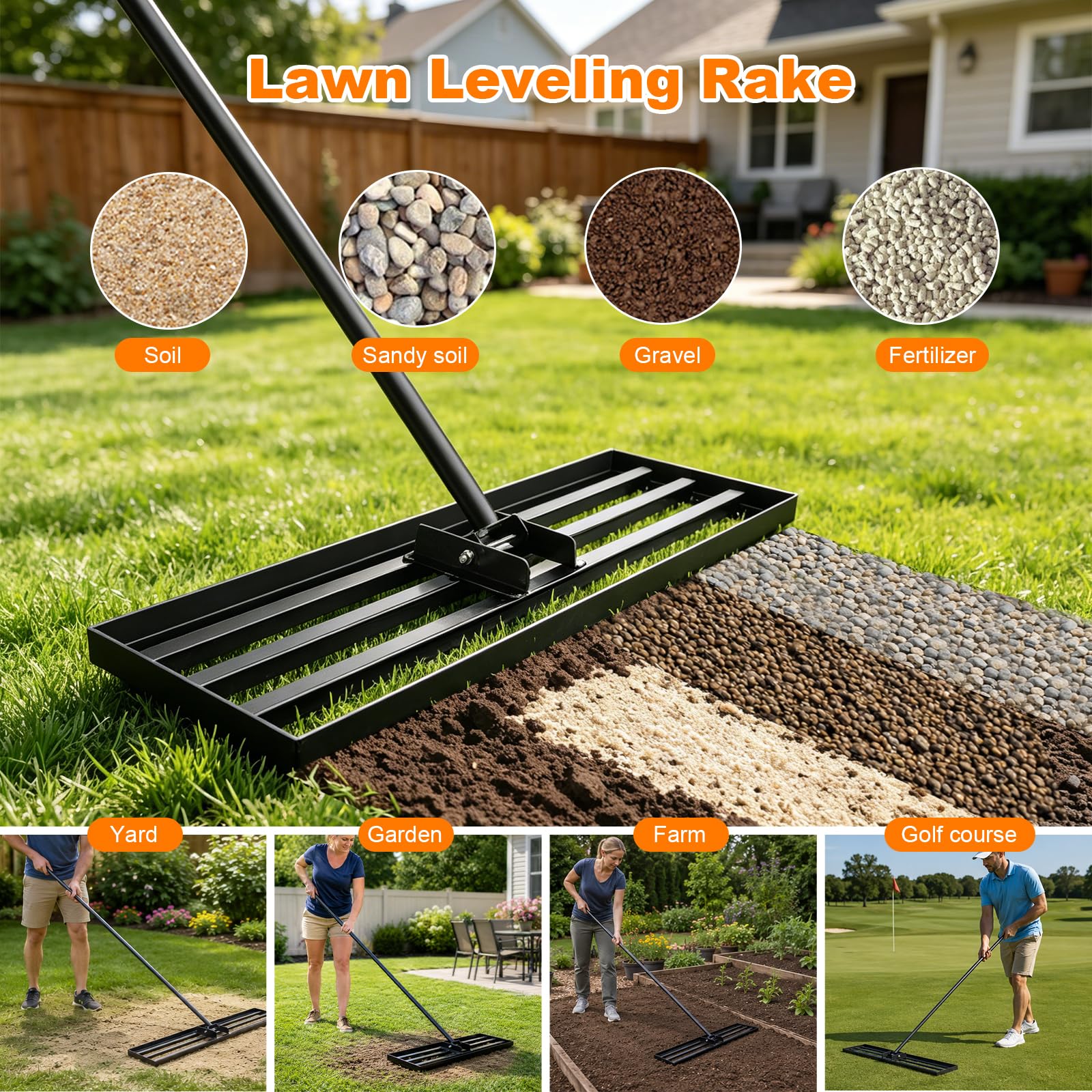 75x25cm Râteau de Nivellement de Pelouse, Outil de Jardinage avec Manche Réglable 213cm, Large Râteau Niveleur Professionnel en Acier pour Terrain de Golf, Jardin et Arrière-Cour