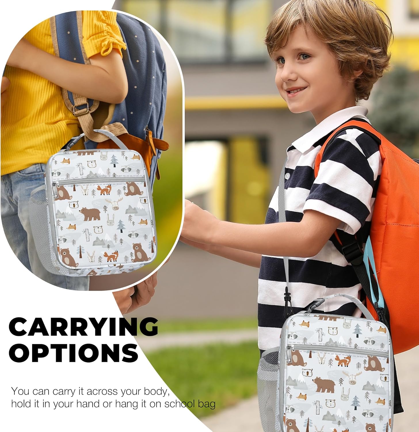 Clastyle Jungle Animal Insulated Kids Lunch Bag Leaf Large Thermal Cooler Bag for Girl Picnic School Toddler Lunch Box Tote,Grey - Image 2