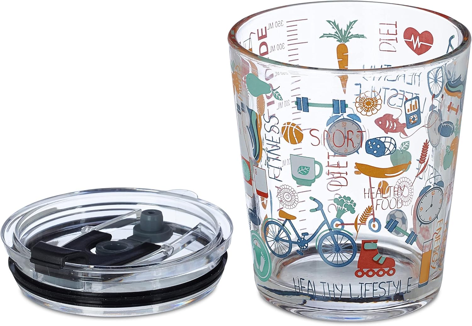 Relaxdays Glass Cups with Lid & Straw, Set of 4, Sport Design, 350 ml each, Kids Drinking Glasses, Tumblers, Transparent