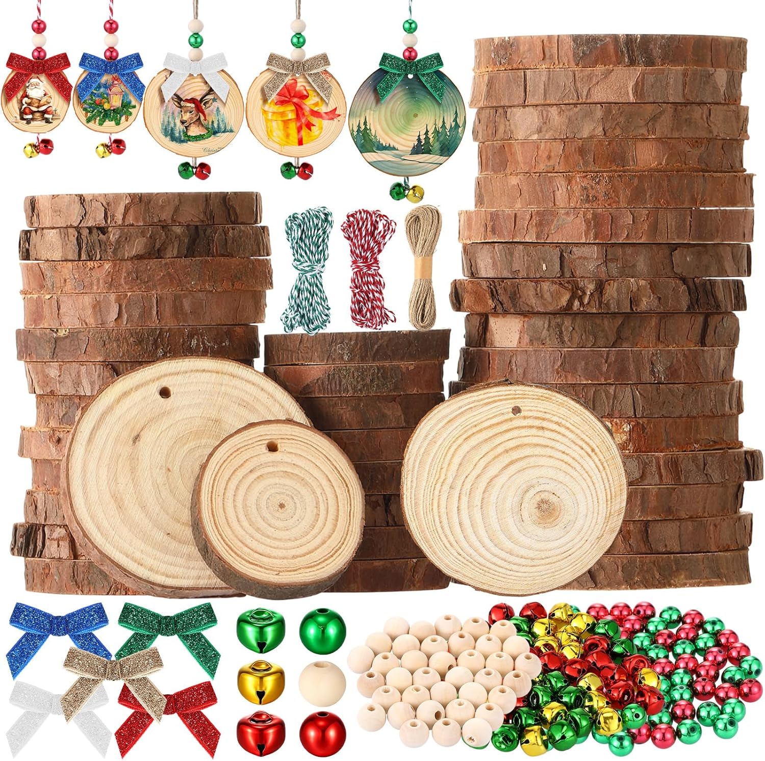 Gerrii 120 Pcs Natural Wooden Slices 2-4 Inch Wooden Christmas Ornament Embellishments Craft with Bows Beads Bells DIY Creative Handmade for Christmas Ornaments Holiday Hanging Decorations