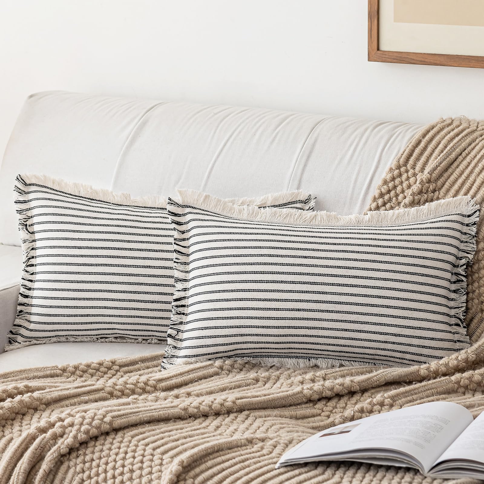 YEENAASY Throw Pillow Covers 12x20 Set of 2 Striped Fringe Pillow Cover Farmhouse Cushion Covers with Tassel Neutral Boho Pillows Decorative Square