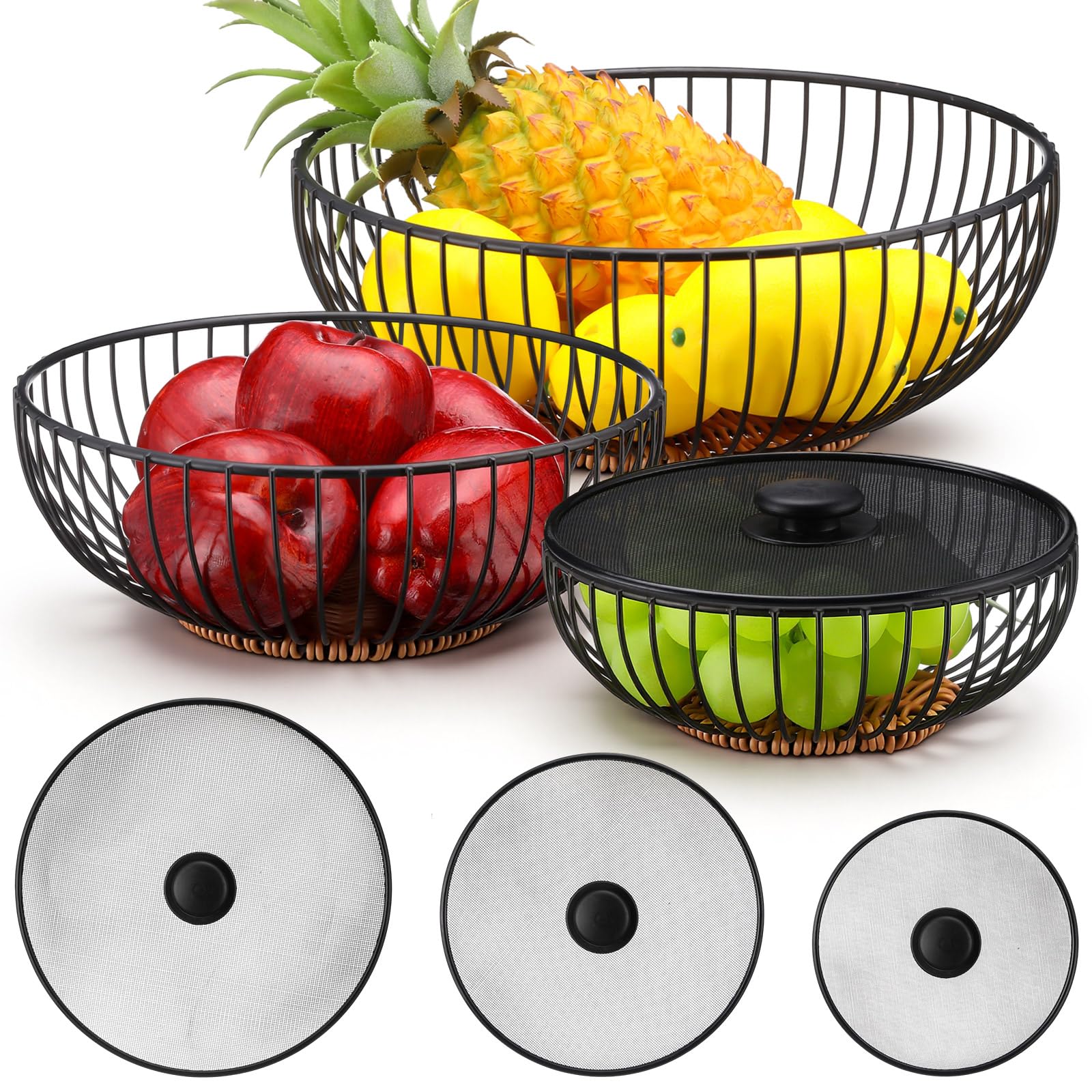 Photo 1 of 3 Set Metal Fruit Basket with Mesh Lid, Stackable Fruit Bowl, Large Black Wire Baskets, 3 Sizes Fruits Vegetable Holder for Kitchen Counter Veggie Snack, and Breads Storage