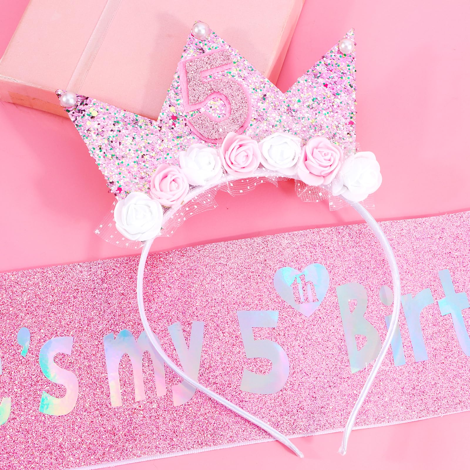 Vovii 5th Birthday Decorations for Girls, Birthday Girl Headband & Glitter Sash Set for 5 Year Old Girl Birthday Decorations, Birthday Flower Princess Crown Headband for Happy 5th Birthday Girl Outfit
