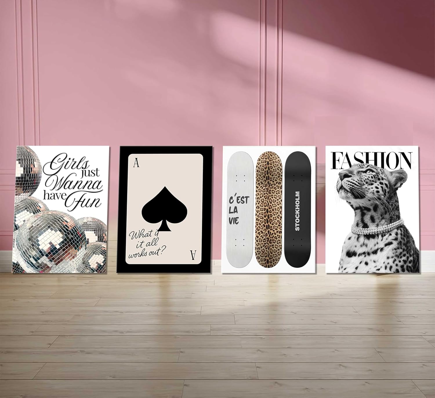 Trendy Leopard Wall Art Stockholm Style Room Wall Decor Chic Luxury Y2k Fashion Cheetah Posters Disco Ball Girls Wanna Have Fun Pictures Prints Canvas for Home Bedroom Apartment Dorm 8x10 Framed