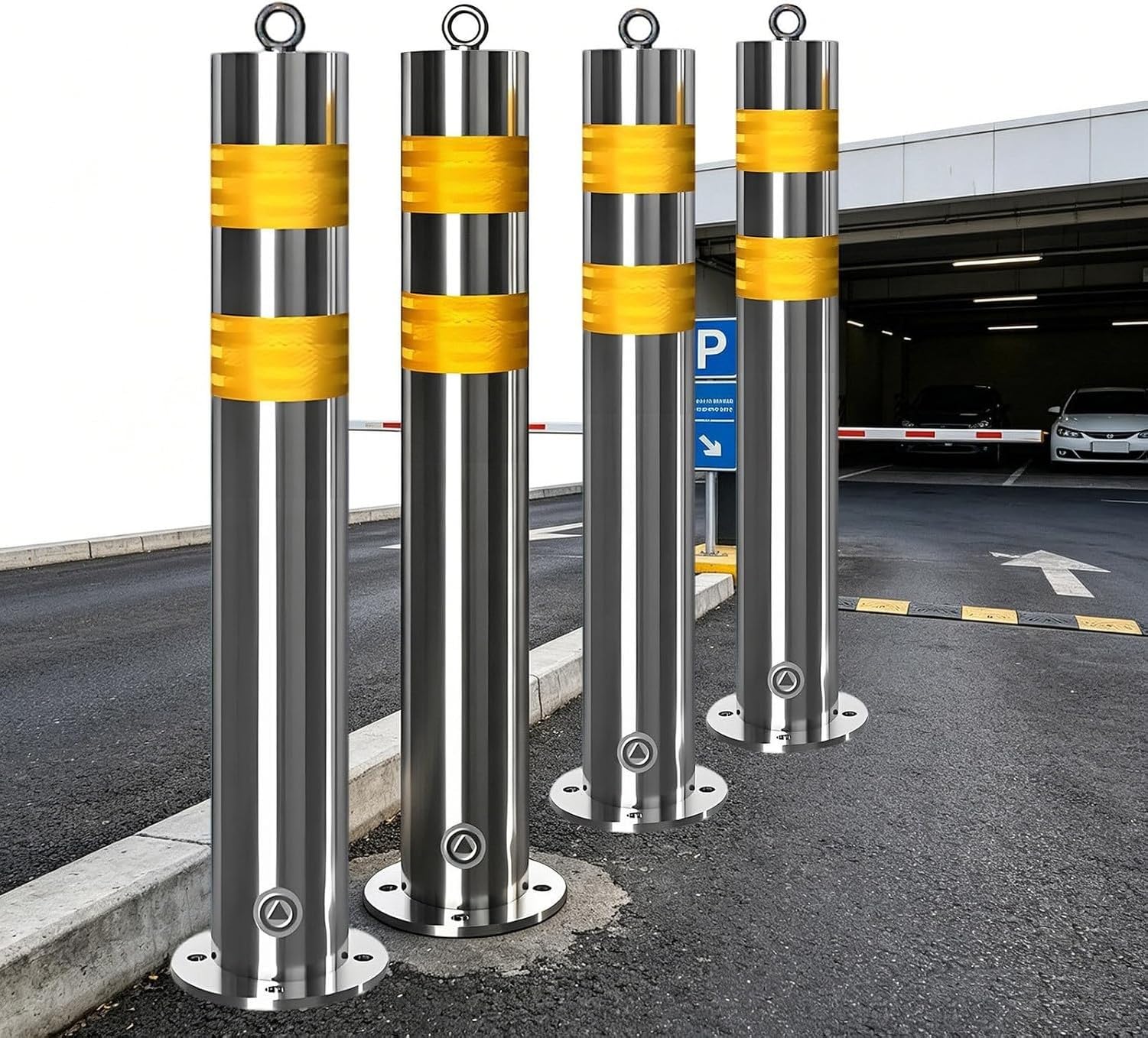 Poteaux de Stationnement Amovibles en Acier Inoxydable avec Verrou Clé, Bornes de Sécurité Réfléchissantes pour Allée, 75 x 8,9 cm, sans publicité, 4PCS, 4PCS