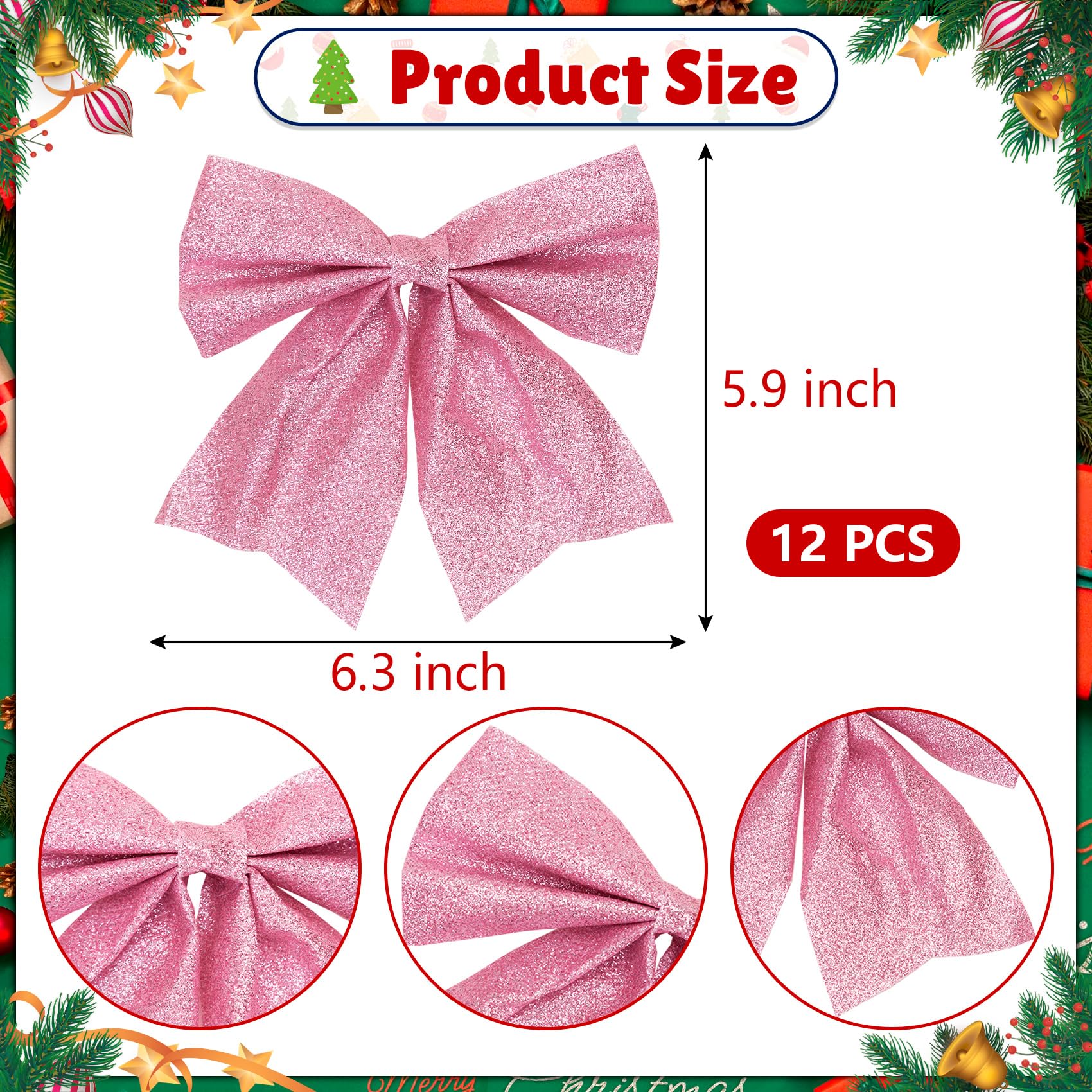 12pcs Pink Christmas Bows for Tree Decor 15CM Decorative Xmas Ornaments, Wreath Decorations - Image 2