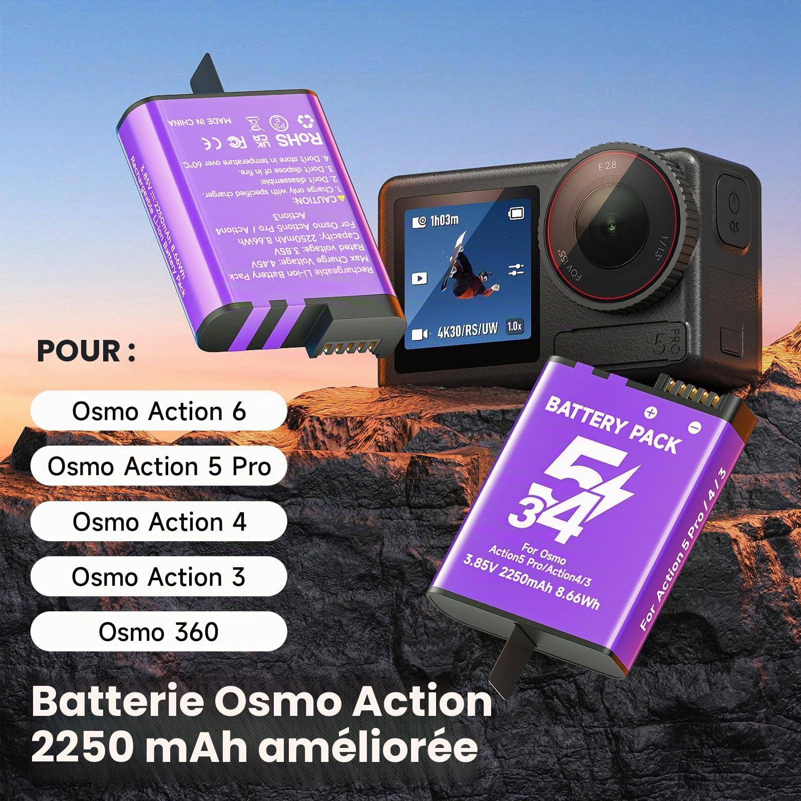 CITYORK 2250mAh (Lot de 3) Batterie Chargeur Kit de pour .DJI-Osmo. Action 6 Pro/Action 5 Pro/Osmo 4 /Osmo 3 Chargeur pour caméra Sportive, Batterie Slots Double Canal, avec écran LCD et câble USB