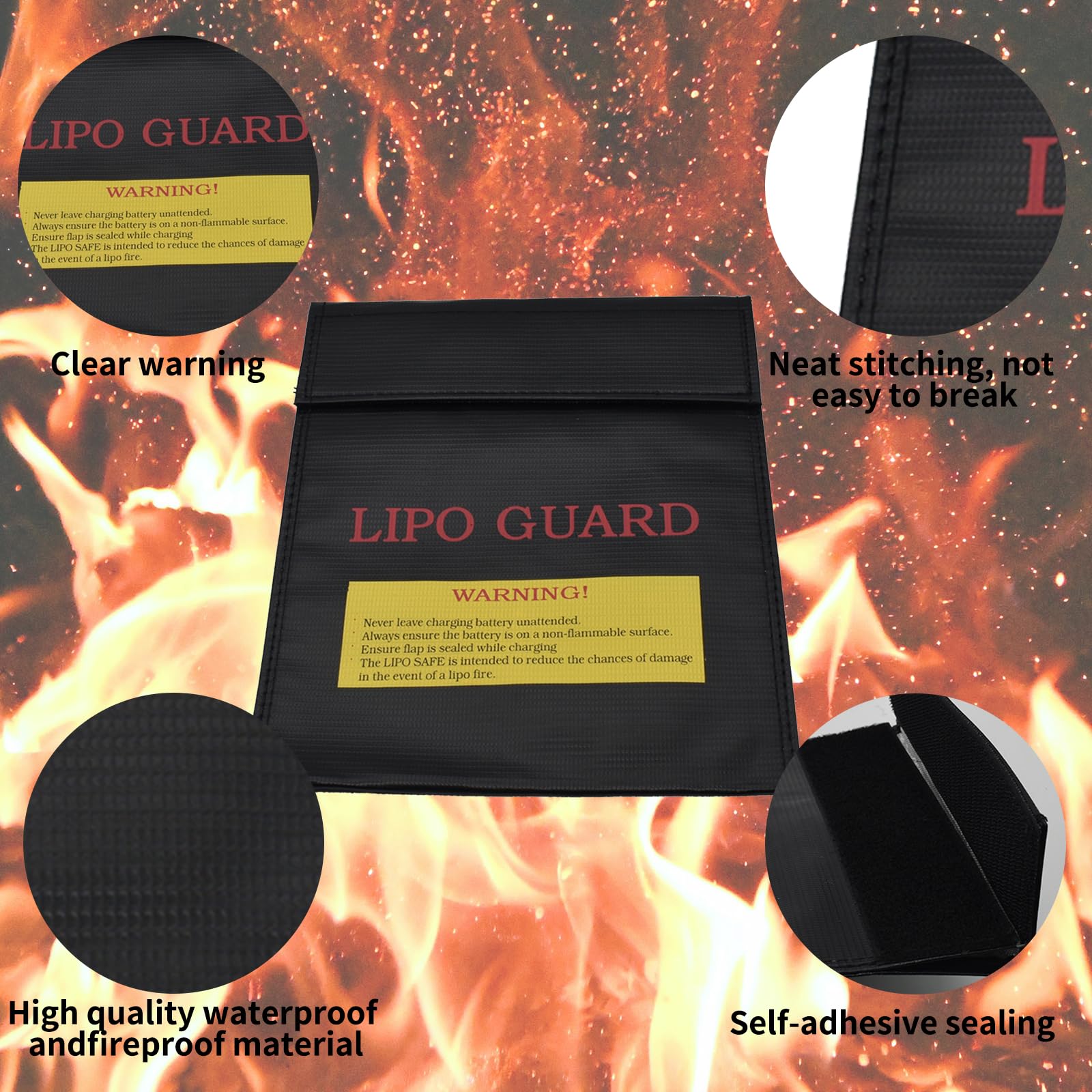 Bolsa de seguridad antiexplosión para batería LiPo – Bolsa ignífuga y resistente al agua, protección contra incendios para objetos preciosos, documentos y joyas (negro, 180 x 230 mm)