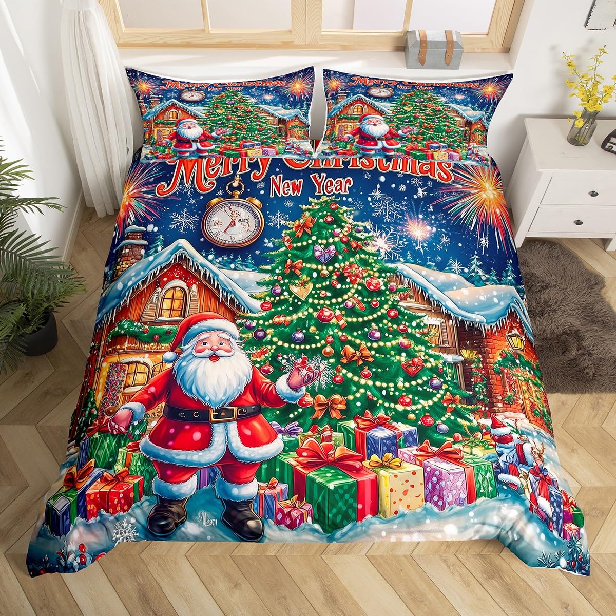 Red Christmas Theme Comforter Cover Super King For Boys Girls,Santa Claus Xmas Tree Bedding Set Merry Christmas Winter Cabin Snowflake Duvet Cover Xmas Decor New Year Bed Set