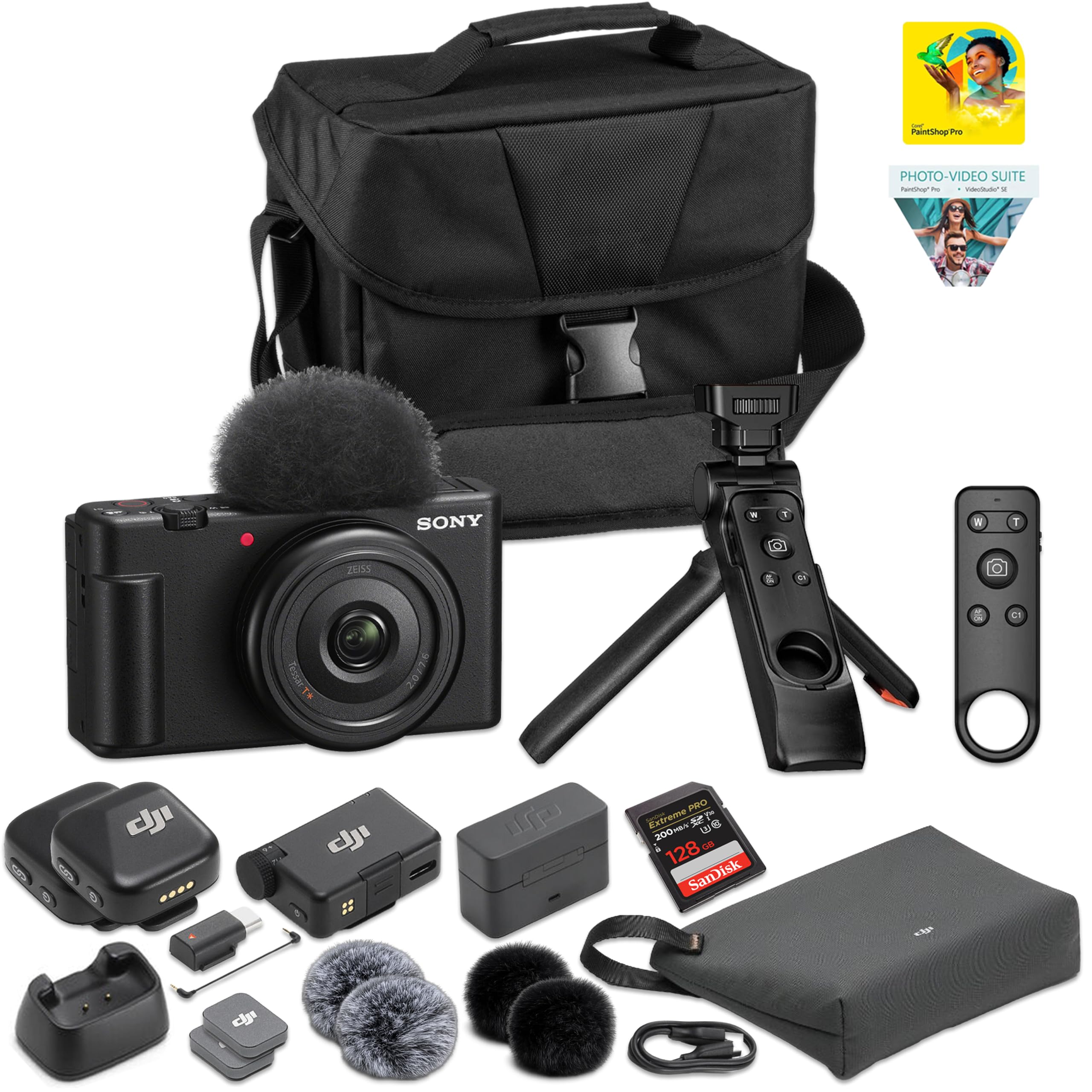 Sony ZV-1F Compact Vlog Camera (Black) with DJI Mic Mini 2-Person Wireless Mic System for Camera & Smartphone | 4K, Ultra-Wide 20mm Lens, Background Defocus | 128GB Card + Corel Software