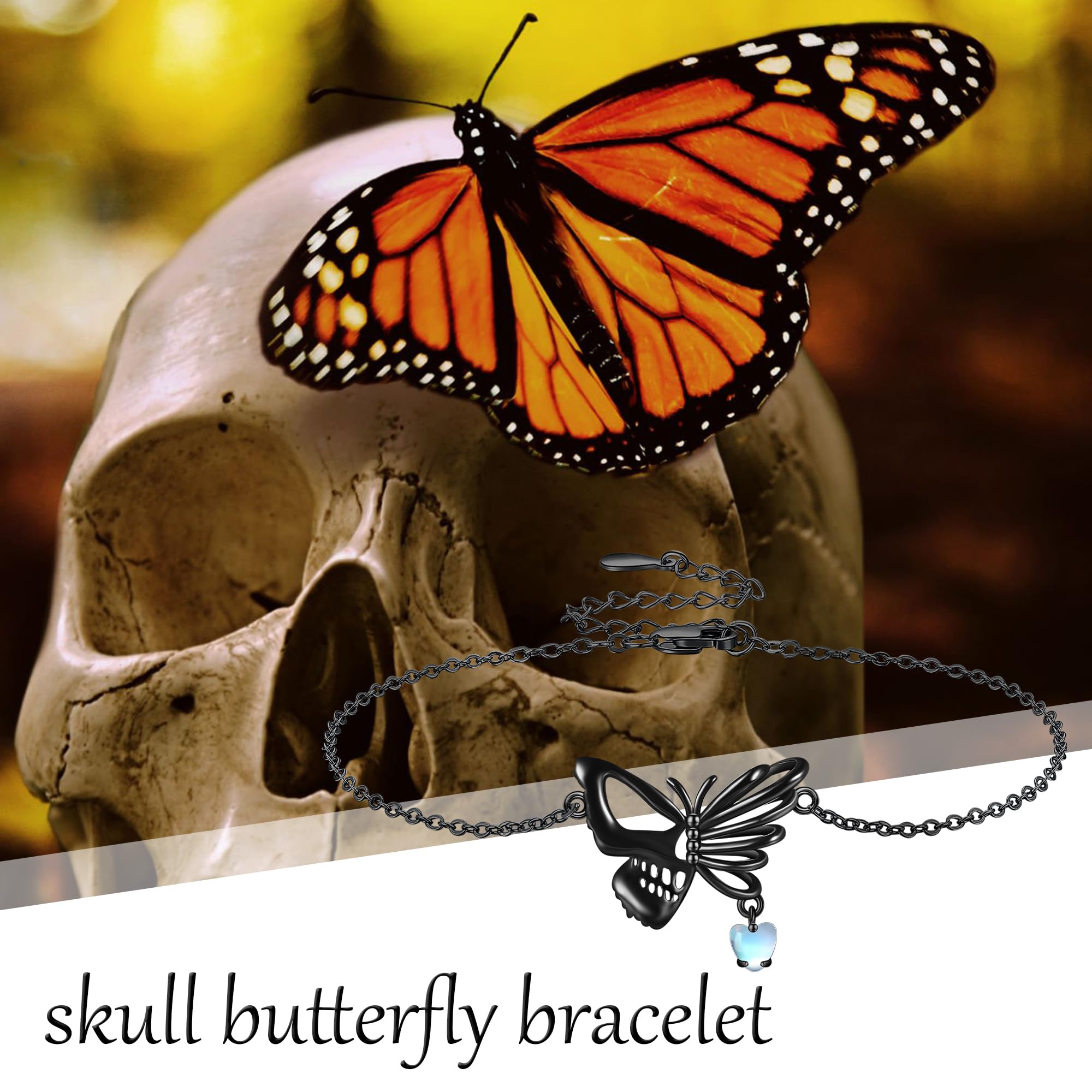Schwarz Armbänder Sterling Silber Schmetterling Totenkopf Armband Gothic Schmuck Muttertag Weihnachten Halloween Geschenk für Damen Frauen