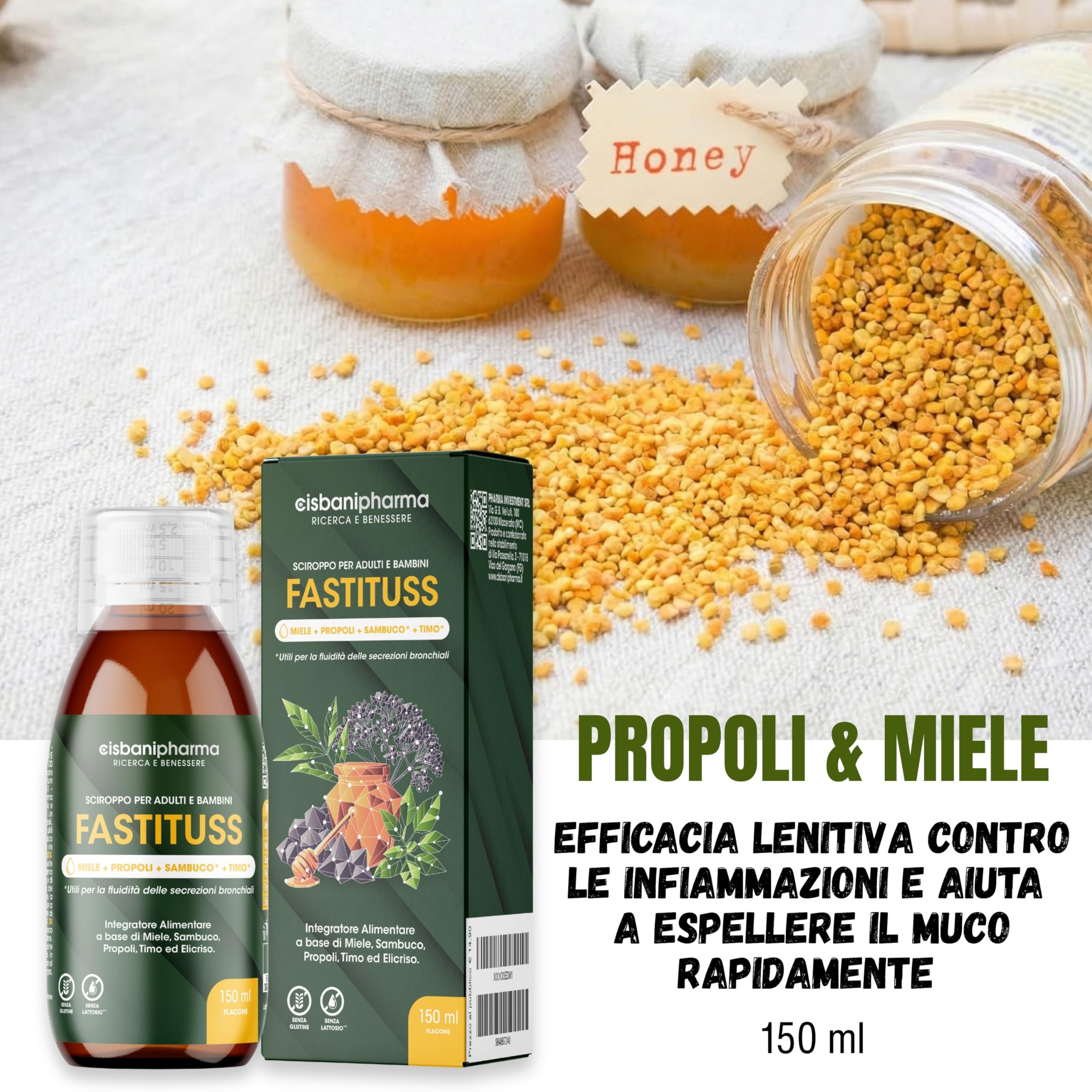 CISBANI PHARMA Sciroppo tosse secca e grassa e mal di gola a base di Sambuco, Miele, Propoli, Timo ed Elicrisio - Emolliente e lenitivo - Flacone 150 ml, per Adulti e Bambini