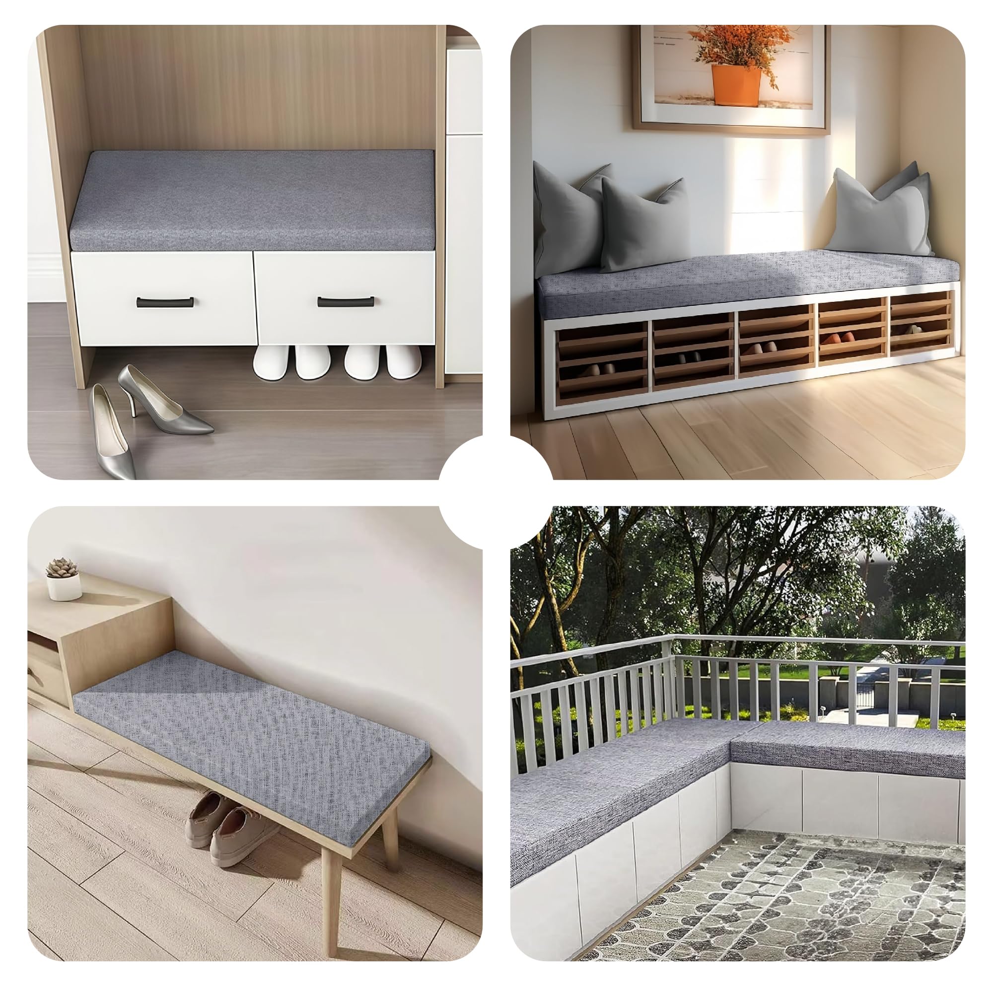 Cuscino Impermeabile per Panca 42 x 90 cm con Fondo Antiscivolo Cuscino per Seduta Fodera Lavabile per Panca da Giardino, Patio, Finestra a Bovindo, Grigio Chiaro