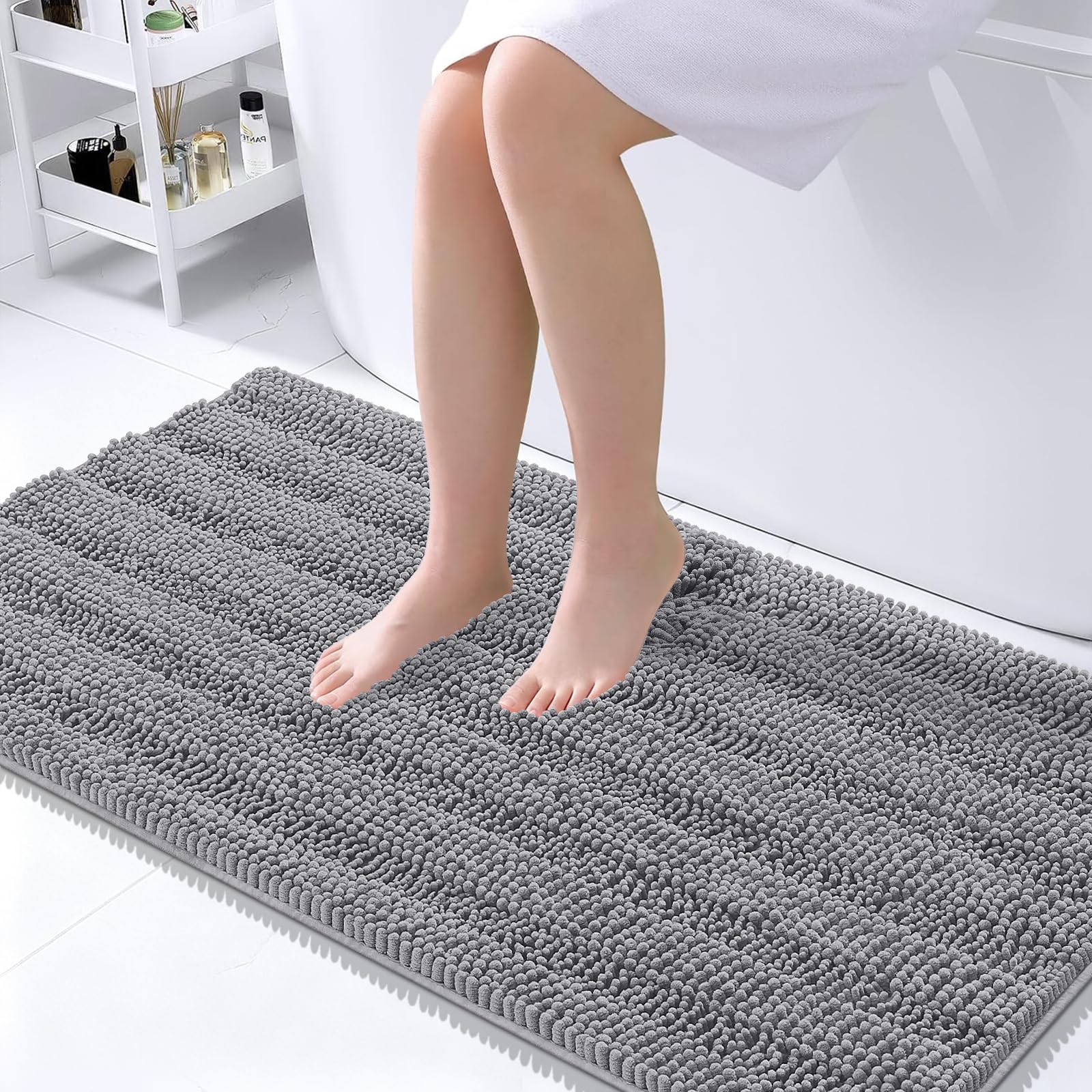 OLANLY Thick Large Bathroom Rugs 45x27, Soft Chenille Bath Rugs, Grey