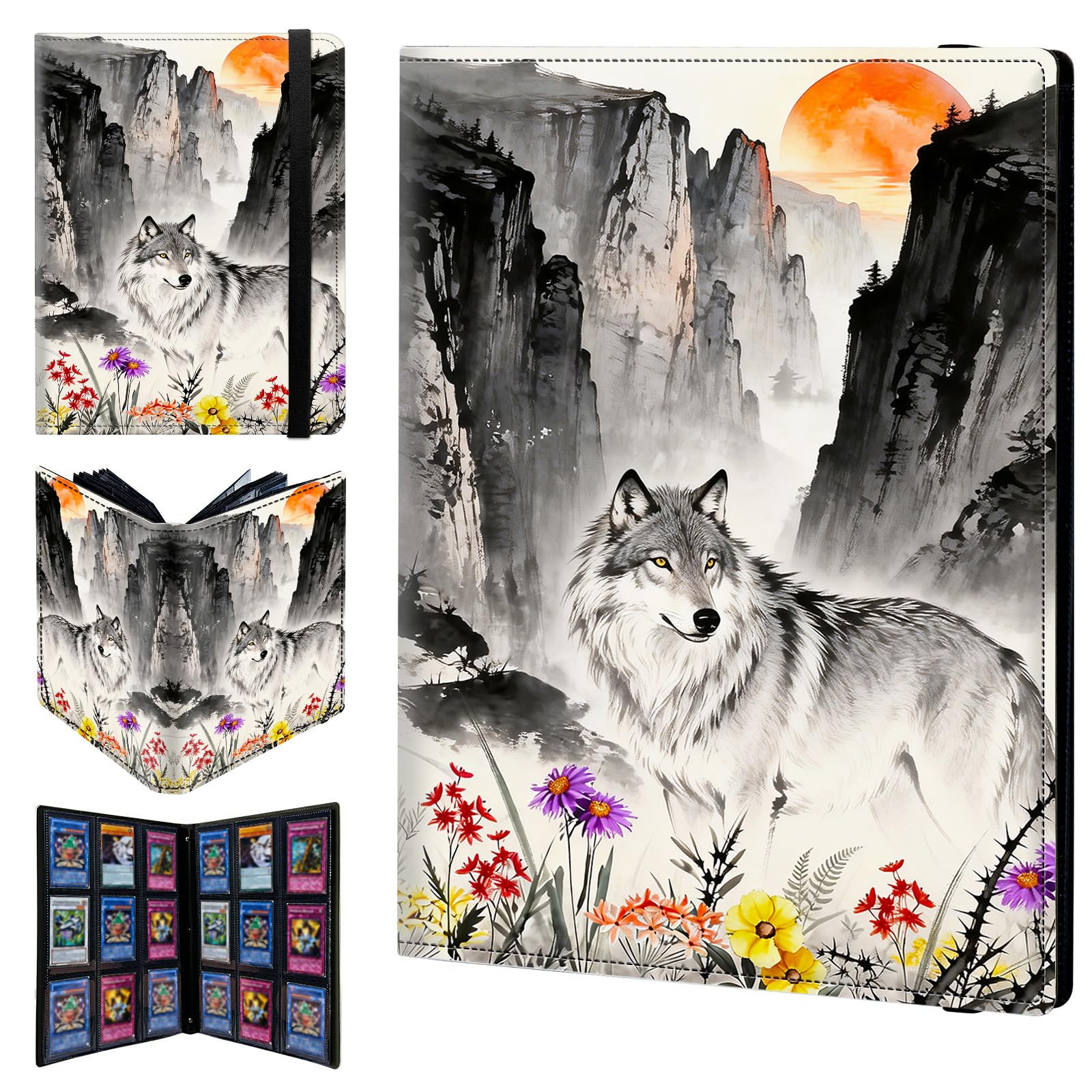 9 Pocket Trading Card Binder 720 Side Loading Pocket Album with Mountain Wolf Flower Pattern Design Card Binder for Sports Cards & Game Cards — image 1