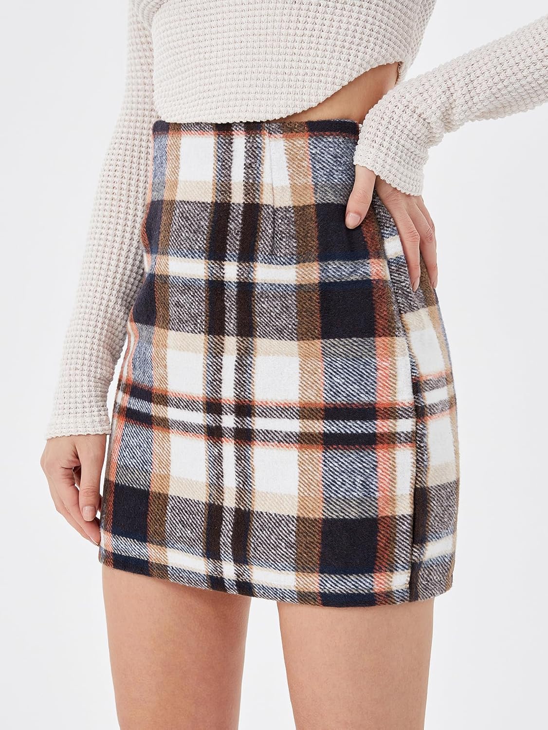 Scacto Women's Casual High Waist Plaid Skirt Bodycon Pencil Wool Mini Skirts - Image 2