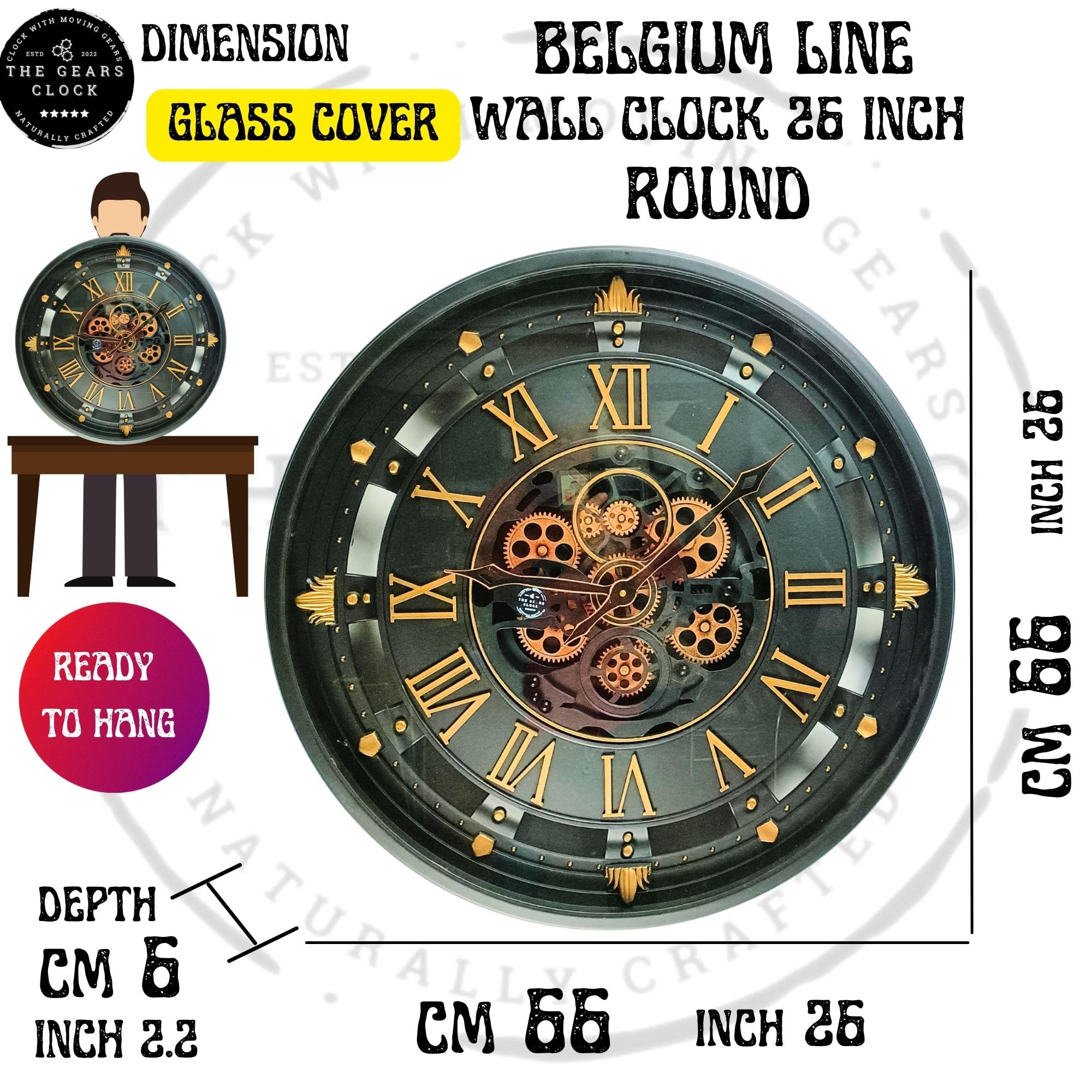 ImprovingLife The Gears Clock Horloge murale de 66 cm (26 pouces) avec véritables engrenages mobiles Ligne Belgique avec couvercle en verre (Noir, 66 cm (26 pouces))