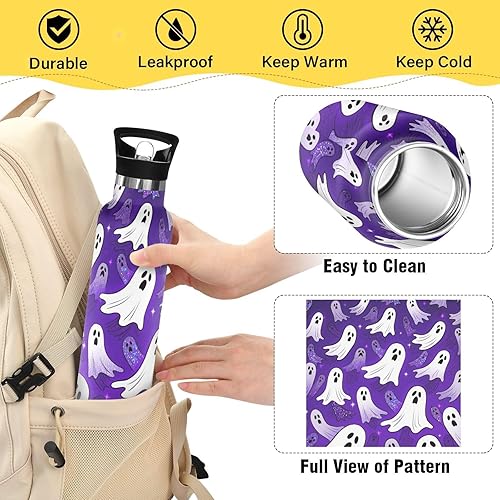 Miniatura 4 de Happy Halloween Ghost - Botellas de agua a prueba de fugas, sin BPA, con asa, para bebidas calientes y frías, doble pared para escuela y deportes al