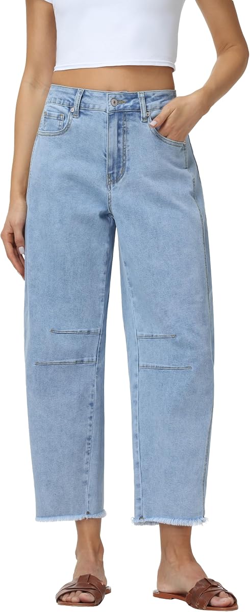 V VOCNI Women's High Waisted Barrel Jeans Raw Hem Cropped Denim Pants
