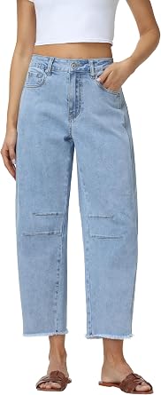 V VOCNI Womens High Waisted Barrel Jeans Raw Hem Cropped Denim Pants