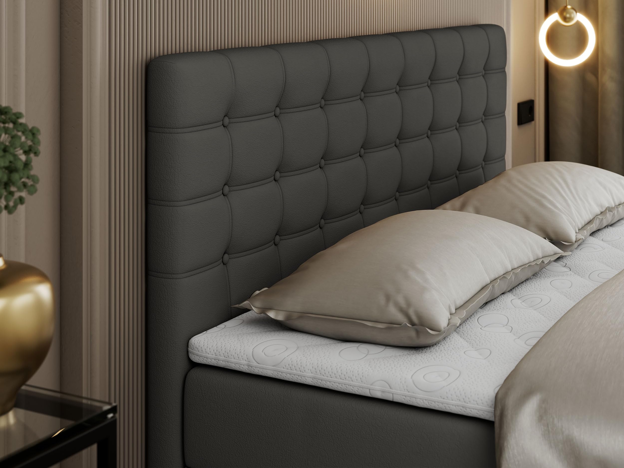 MKS MEBLE Boxspringbett Grau 200x200 Mit Bettkasten Und Multipocket-Matratze H3 - Mit Kopfteil Und Topper - Dunkelgrau Kunstleder Susan