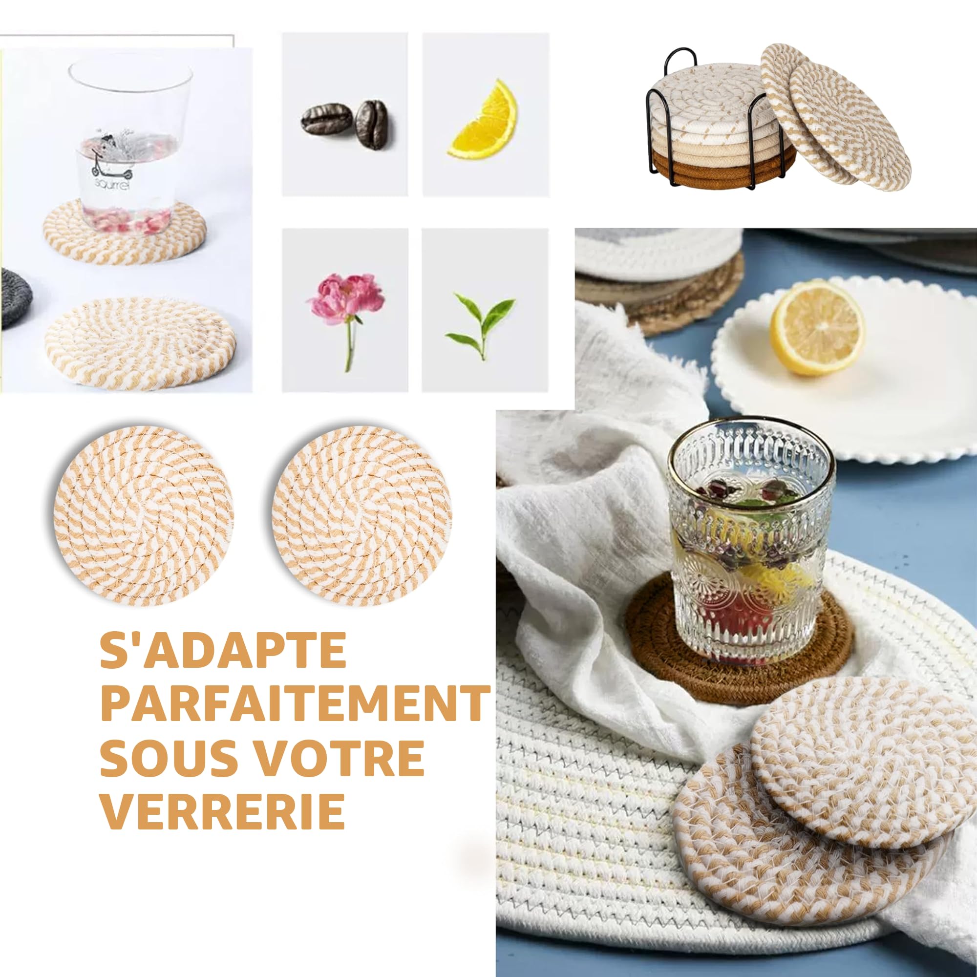 Lot de 8 Dessous de Verre Ronds avec Support - Antidérapants en Coton Tressé pour Verres (Jaune)