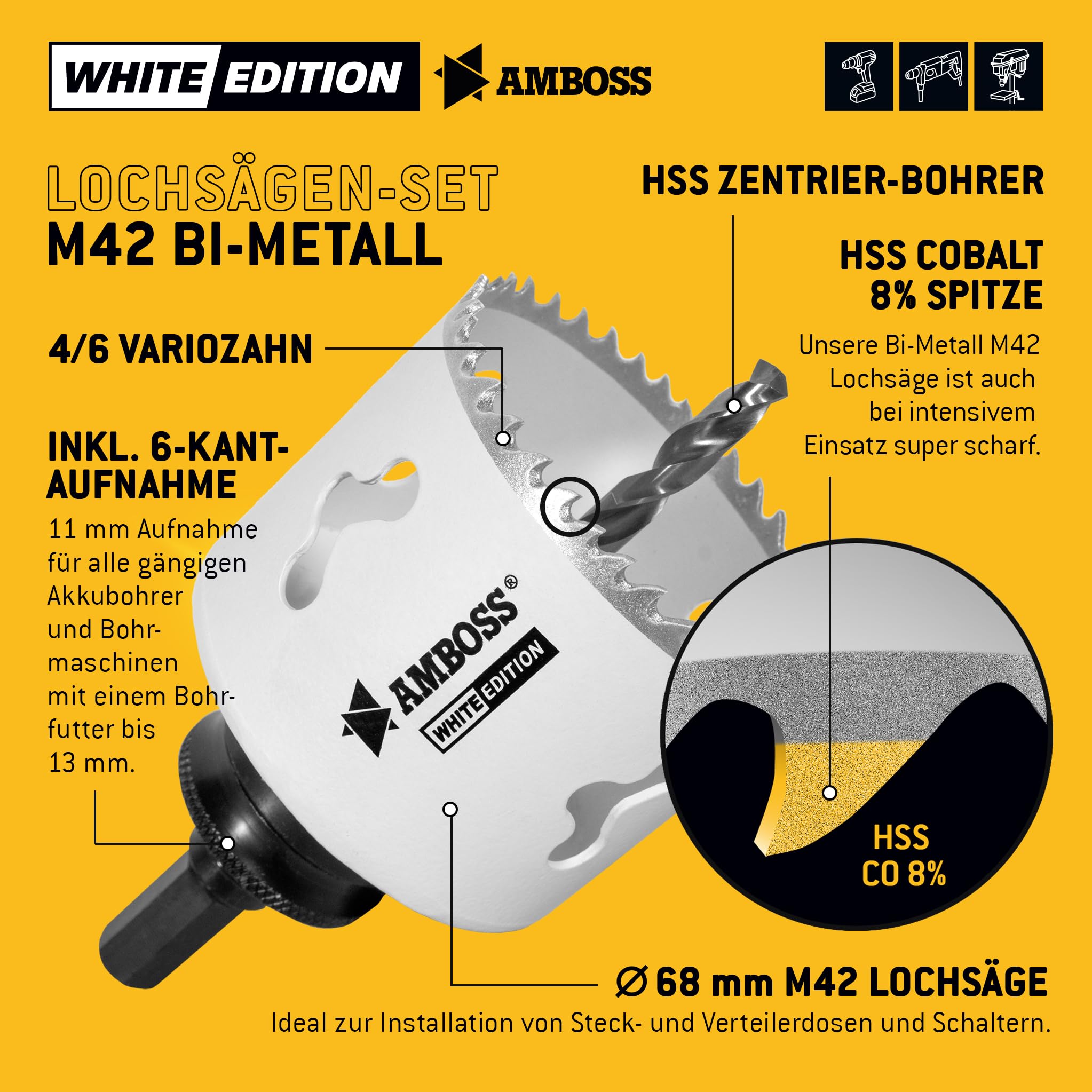 Lochsäge 68 mm - Amboss Bi-Metall (inkl. 6-kant Standard-Aufnahme) ideal für Hohlwanddose, LED-Spot, Steckdose in Gipskarton/Holz