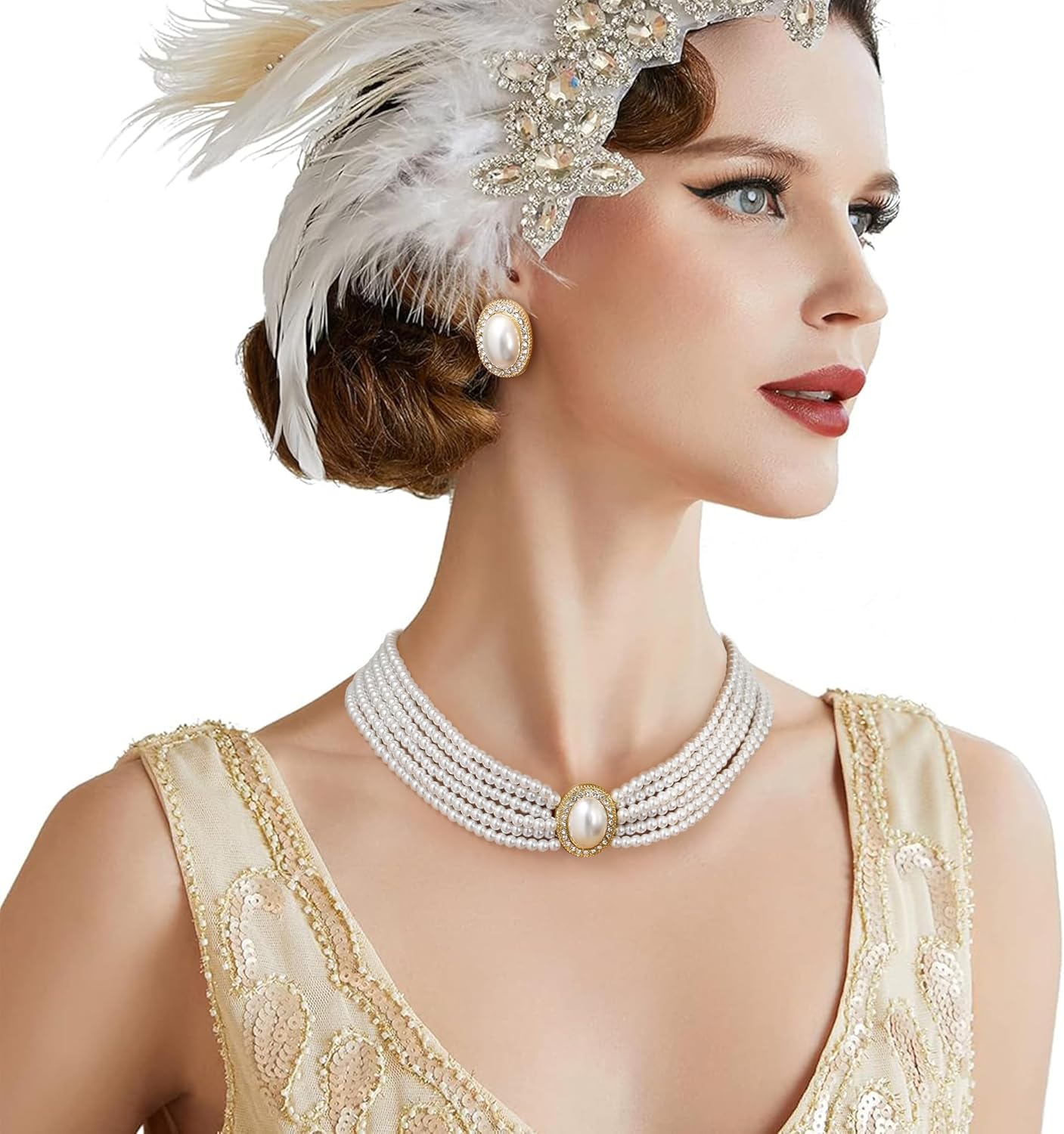 Flyonce 1920s Gatsby Flapper Pearl Jewelry Set, Vintage Art Deco Style Rhinestone Crystal Multi-Strand Pearl Choker Necklace and Stud Earrings Roaring 20s Costume Jewellery Sets for Wedding Party