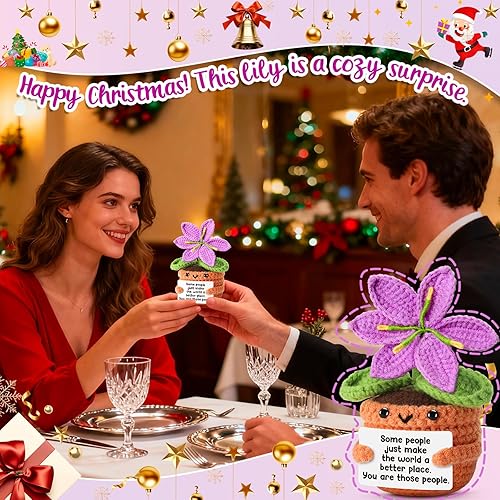 Miniatura 8 de Muñeca de flor de lirio morado de ganchillo hecha a mano con tarjeta de agradecimiento, regalo de agradecimiento para mujeres, amigos, compañeros de