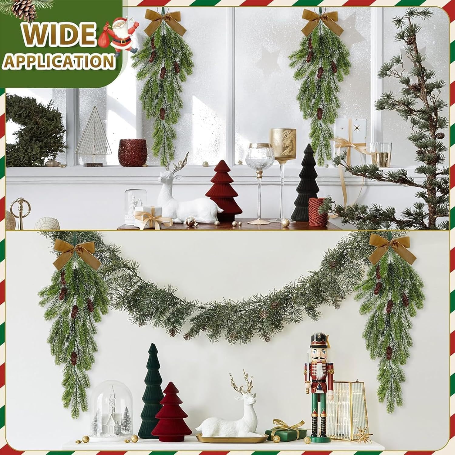 4pcs Artificial Christmas Teardrop Swag - Christmas Swag Decoration,Teardrop Wreath with Bowknot - Artificial Swag Wreath Garland with Pine Needles and Pine Cones