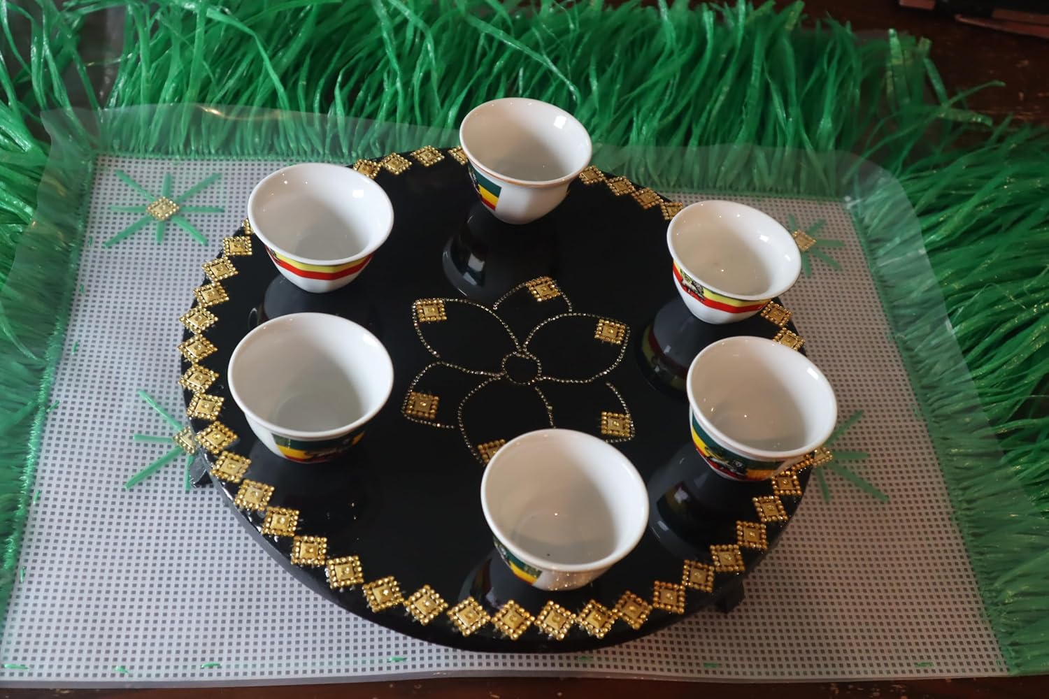 Ethiopian Rekebot Coffee Tray Set 12 Inch Round Table Top – Traditional Habesha Coffee Ceremony Tray with 6 Cups & Small Mat Included – MDF Wooden Serving Tray (Coffee Set Bundle)