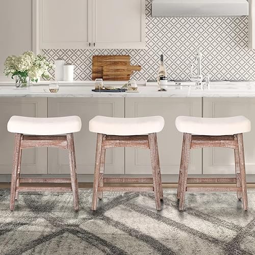 ALPHA HOME Juego de 3 taburetes de bar, taburetes de cocina de madera maciza con cojín de tela de lino beige, taburetes de bar de altura de