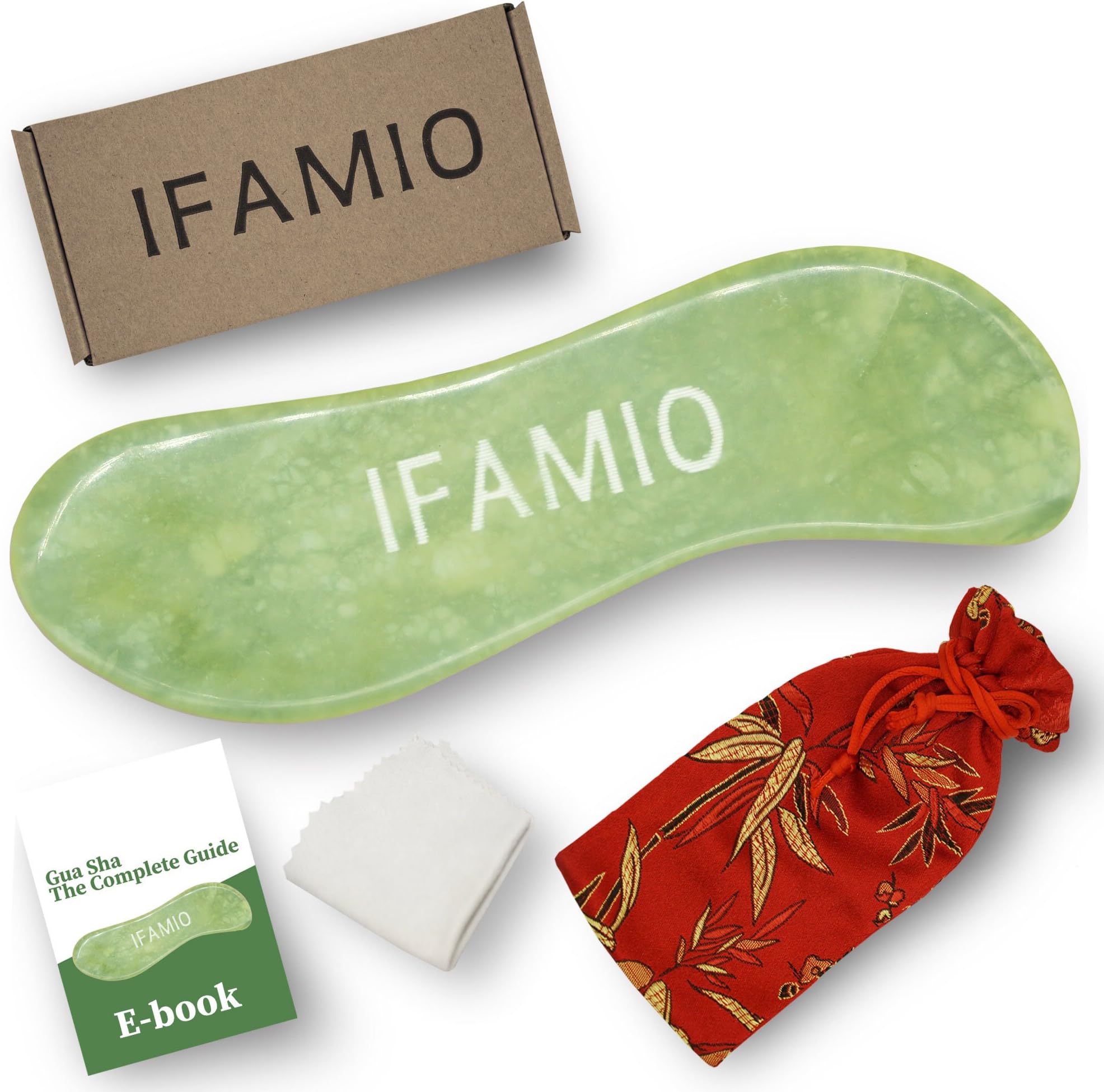 IFAMIO Handmade Jade Gua Sha Massage Tool, High Quality Natural GuaSha Stone Facial and Body Scraping Board for SPA Acupuncture Trigger Point Treatment, Best Physical Therapy Tool with Bag and Ebook