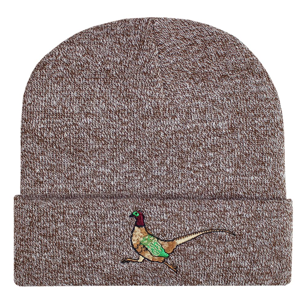 Teddyt's Men's Brown Pheasant Embroidered Luxury Soft Rib Beanie Hat (Honey Oatmeal Marl)