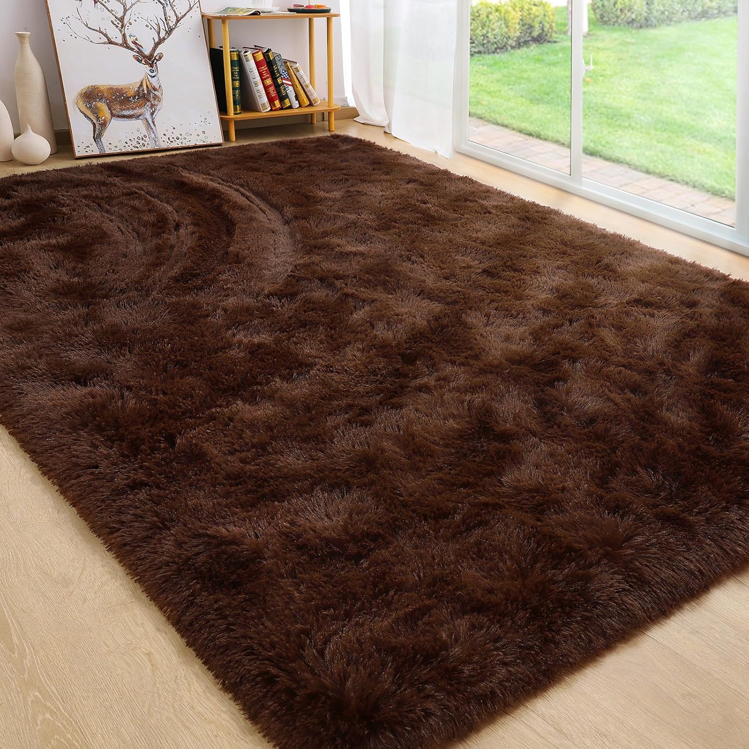 BENRON Living Room Rug 4x6 Area Rug Dark Brown Fluffy Rugs
