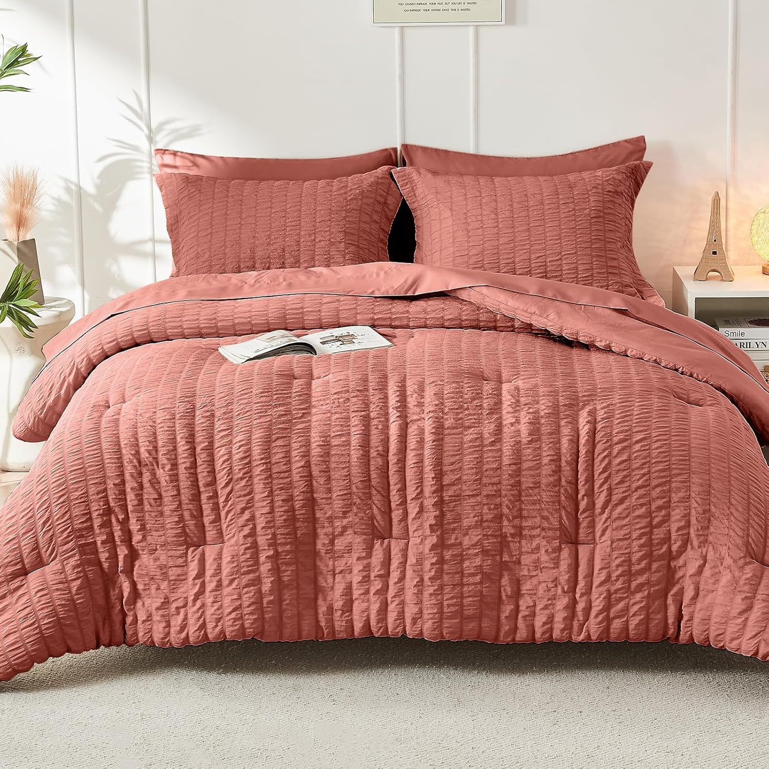 HYMOKEGE Coral King Size Comforter Set Seersucker 7 Pieces, All Season Luxury Bed in a Bag for Bedroom, Bedding Set with Comforter, Sheets, Pillowcases & Shams - Image 9