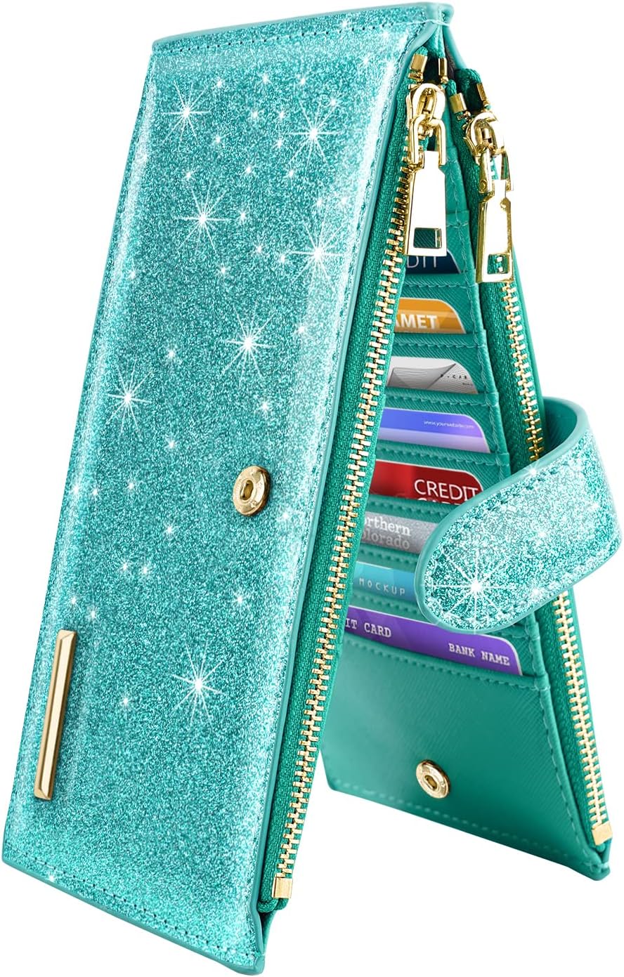Coco RossiWomens RFID Blocking Large Capacity Wallet Multi Card Organizer Bifold Wallet for Women with Zipper Pocket, Tiffany Glitter, L