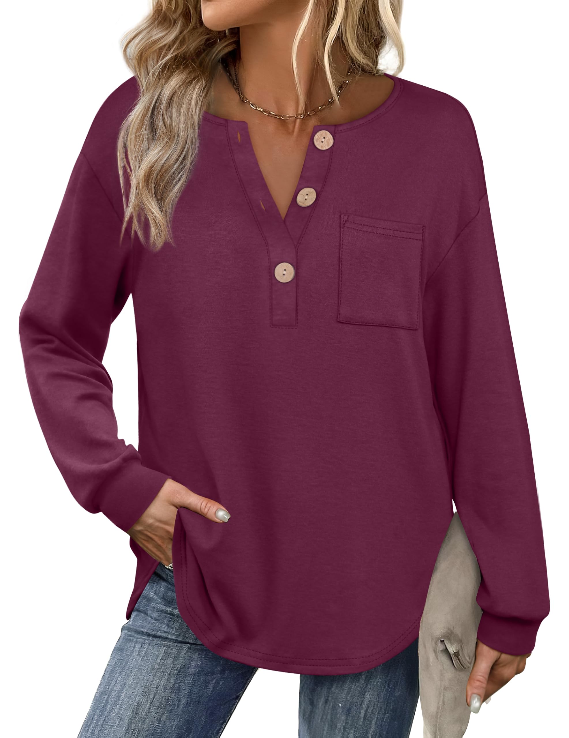 OFEEFAN Womens Tops Long Sleeve Curved Hem Tunic Tops V Neck Henley Shirts for Women Dressy Casual with Pocket OEKO-TEX STANDARD 100
