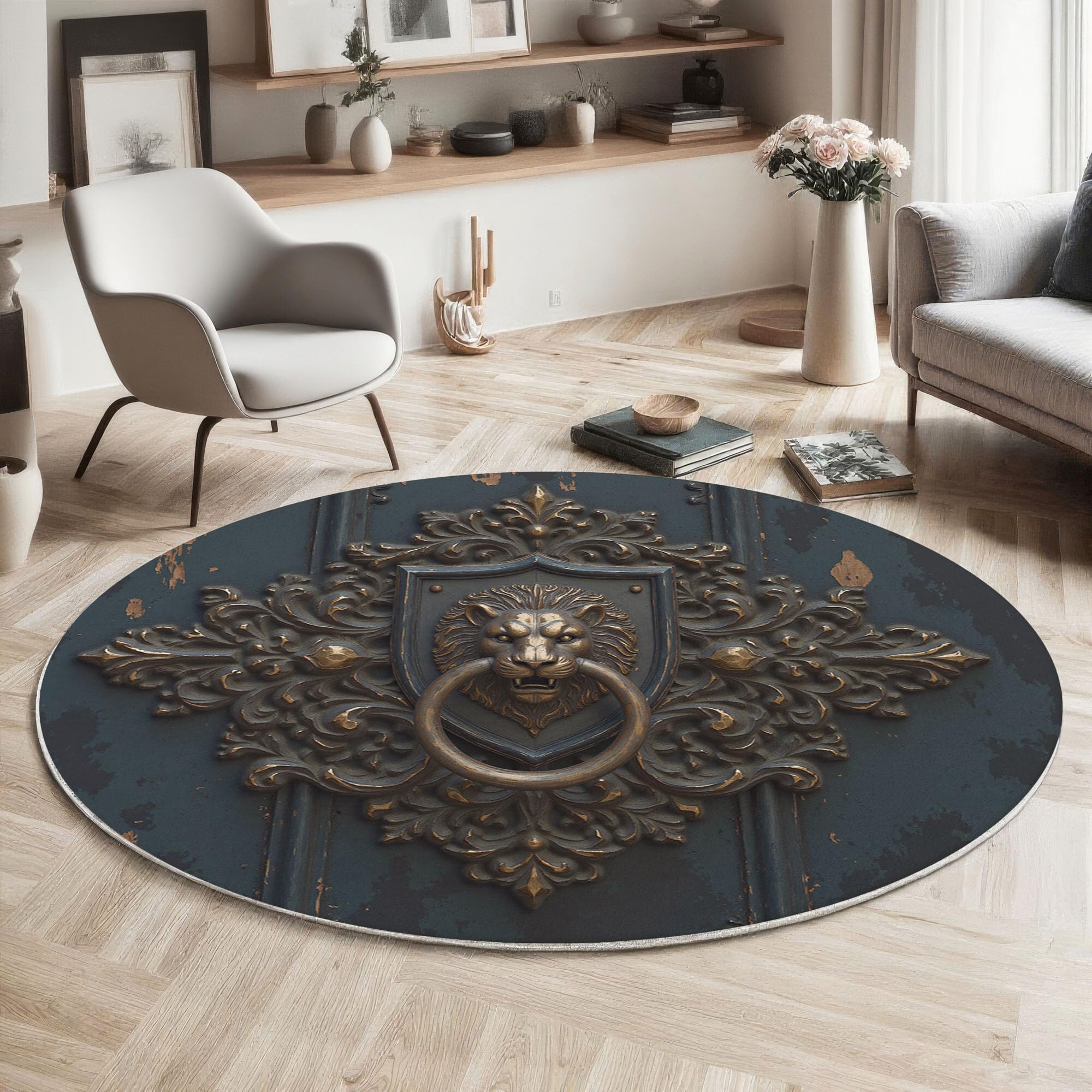Tapis rond 80cm antidérapant et lavable motif lion chic bleu