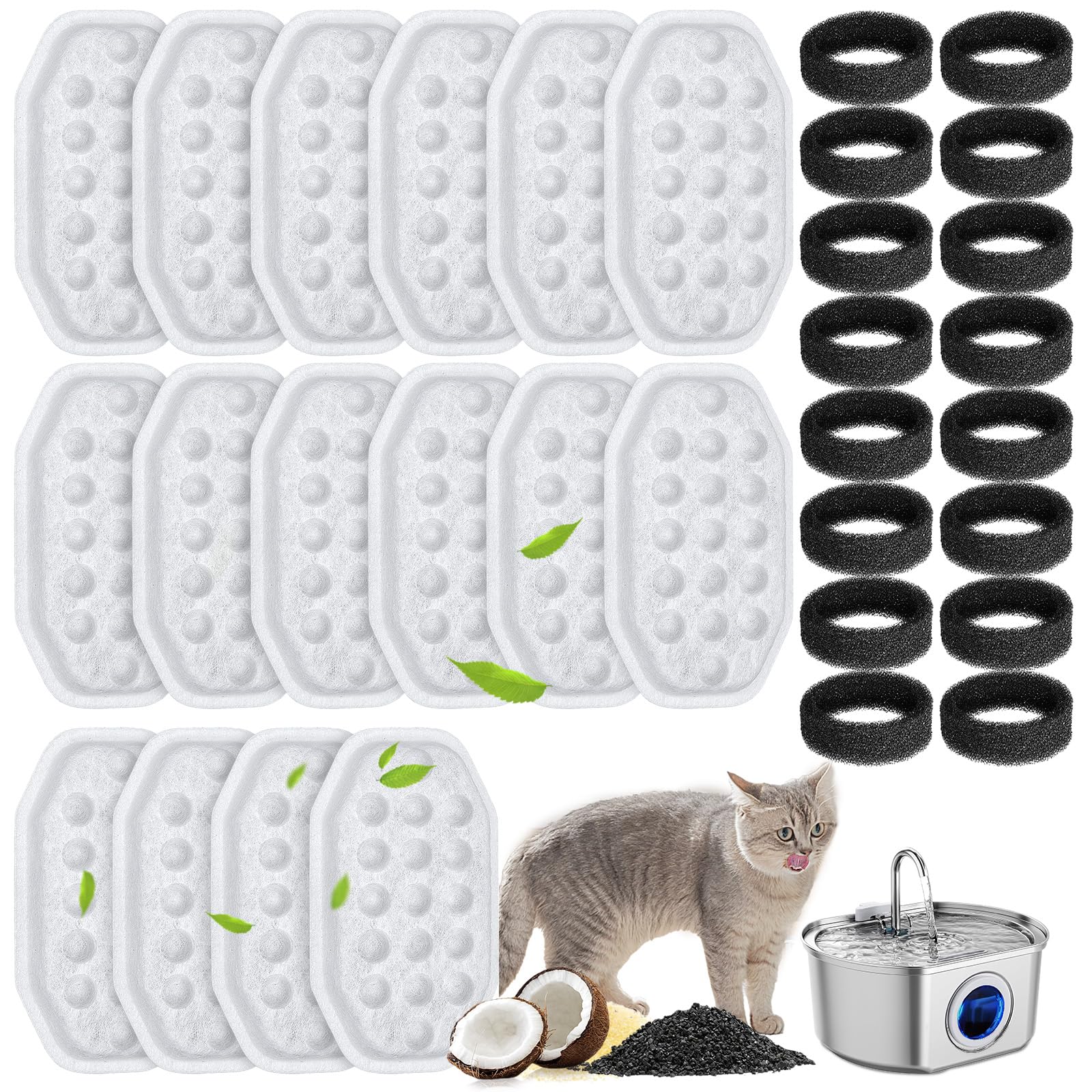 32 Pcs Cat Fountain Filters Replacement & Pre-Filter Sponges for 108oz Stainless Steel Pet Water Fountain with Water Level Window