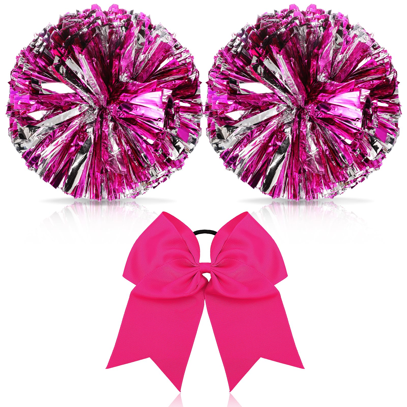 Hanaive 3 Pcs Cheerleading Pom Poms and Large Cheerleader Hair Bow Metallic Cheer Supplies for Team Spirit Sports Dance Cheering