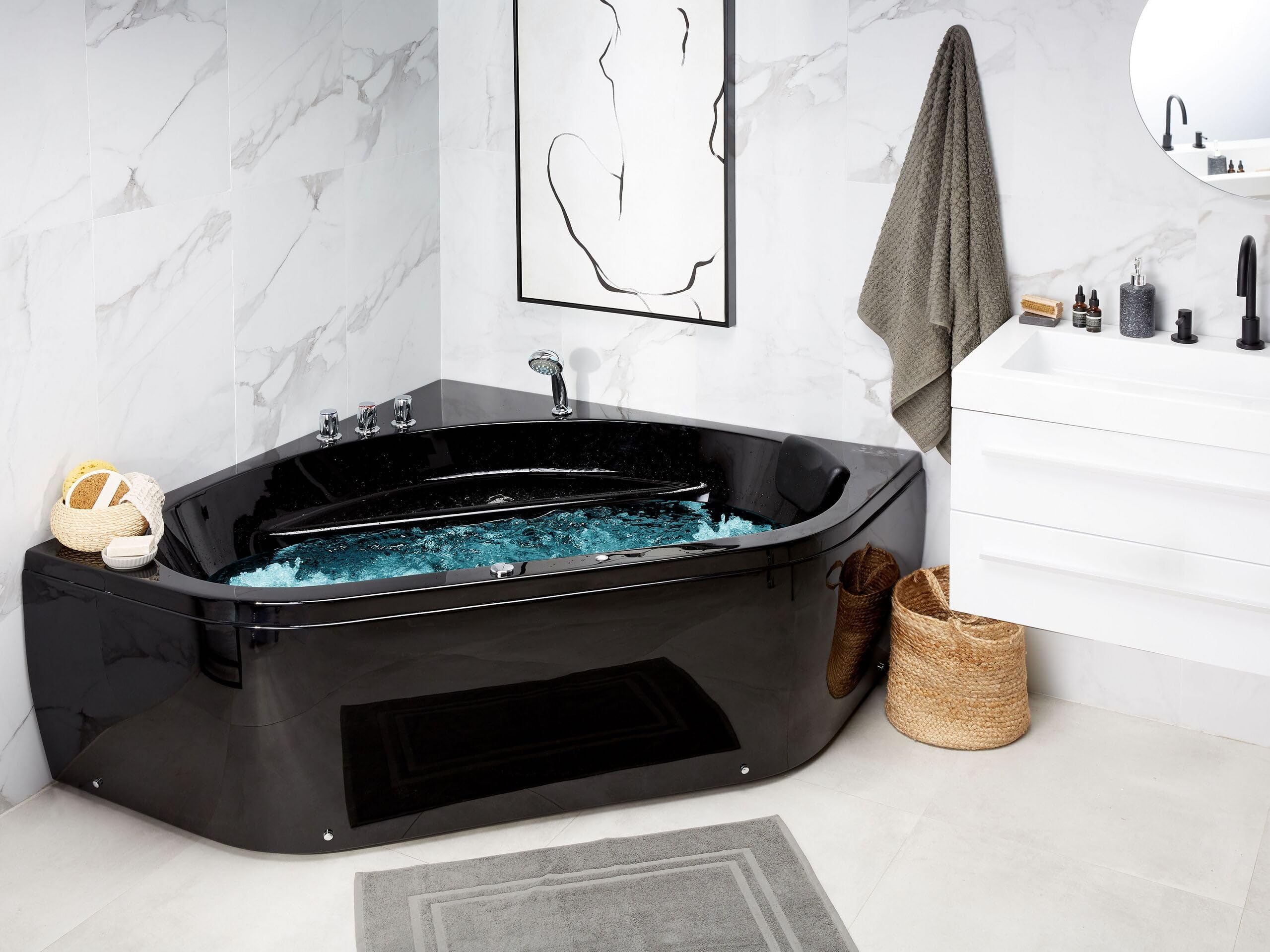 Baignoire d'Angle Hydromassante Acrylique 140 cm LED