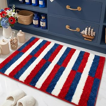 Patriotic Red White Blue Striped Bath Mat, Soft Non-Slip Independence Day Bathroom Rug, Ultra Absorbent Microfiber Shaggy Door Mat for 4th of July Decor Bathtub Bedroom 20x31 Inch Americana