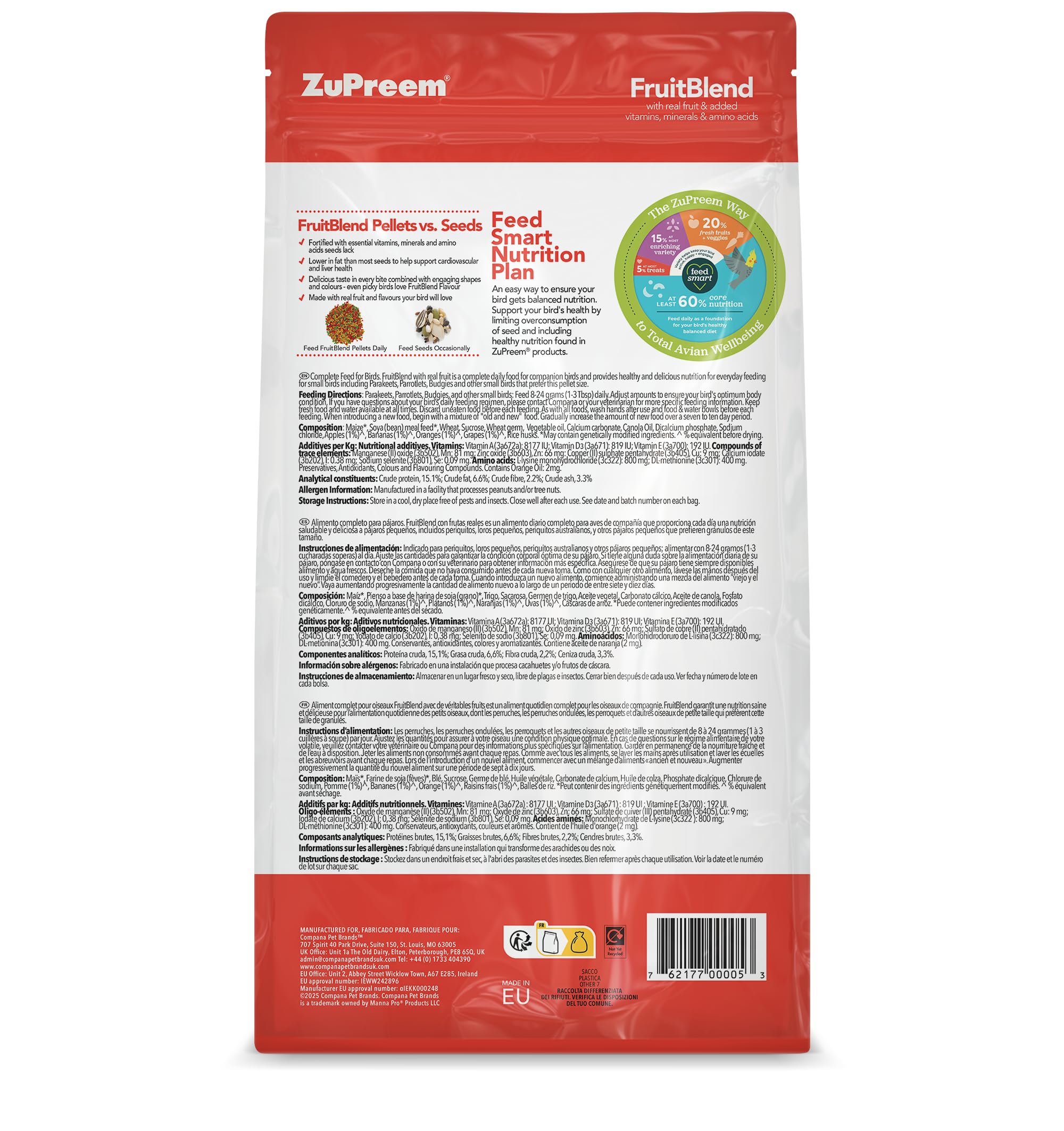 Zupreem Multifrutas Alimento para Aves de Compañía - Frutas y Vitaminas - Pienso para Pájaros Indicado para Periquitos, Periquitos Australianos, Loros Pequeños y Otros Pájaros Pequeños - 1 kg