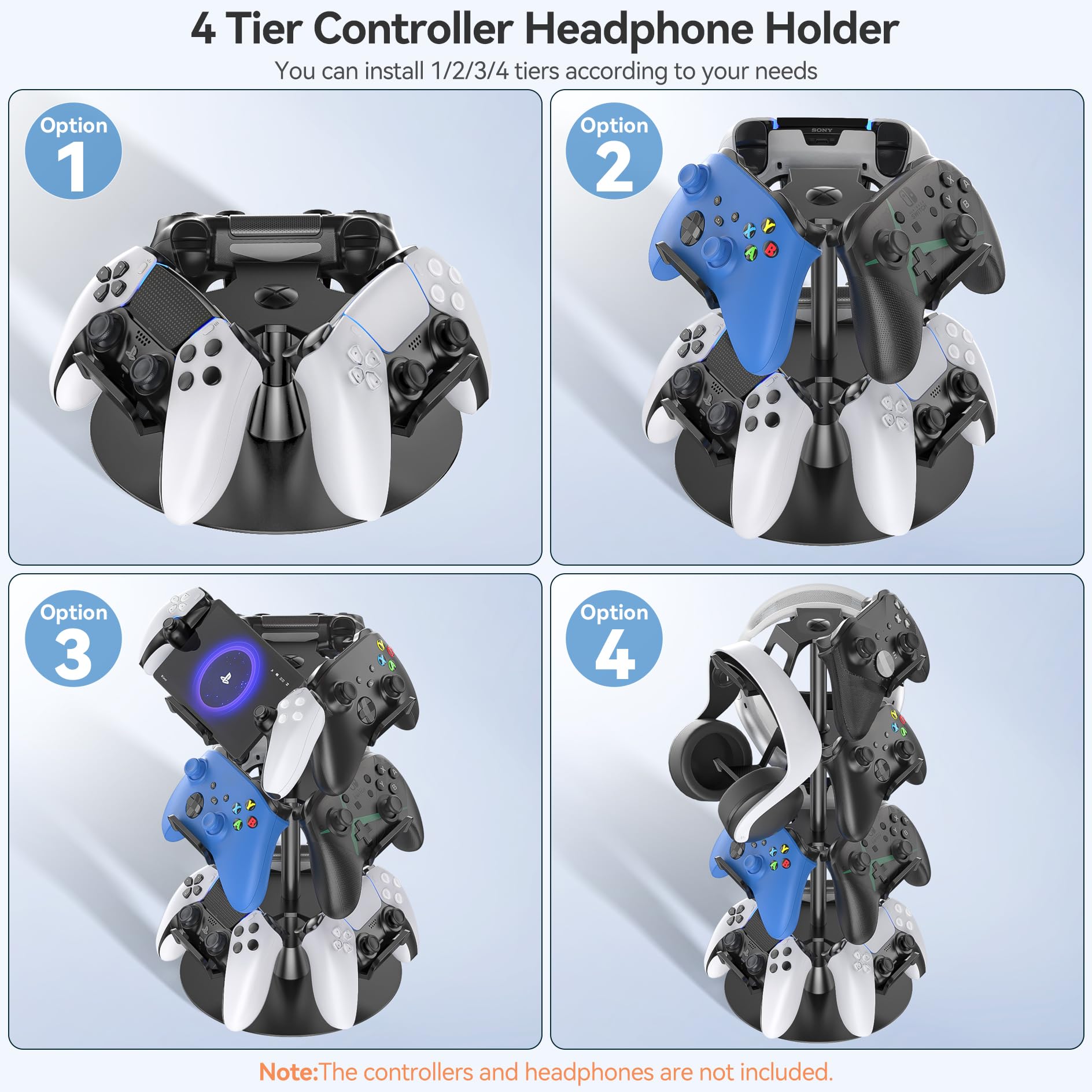 Supporto per Controller e Cuffie, Porta Cuffie da Scrivania, Porta Cuffie Gaming a 12 Grandi Capacità, Porta Joystick PS5 Girevole per Accessori da Gioco, Facile da Riporre e Assemblare, 4 Livelli