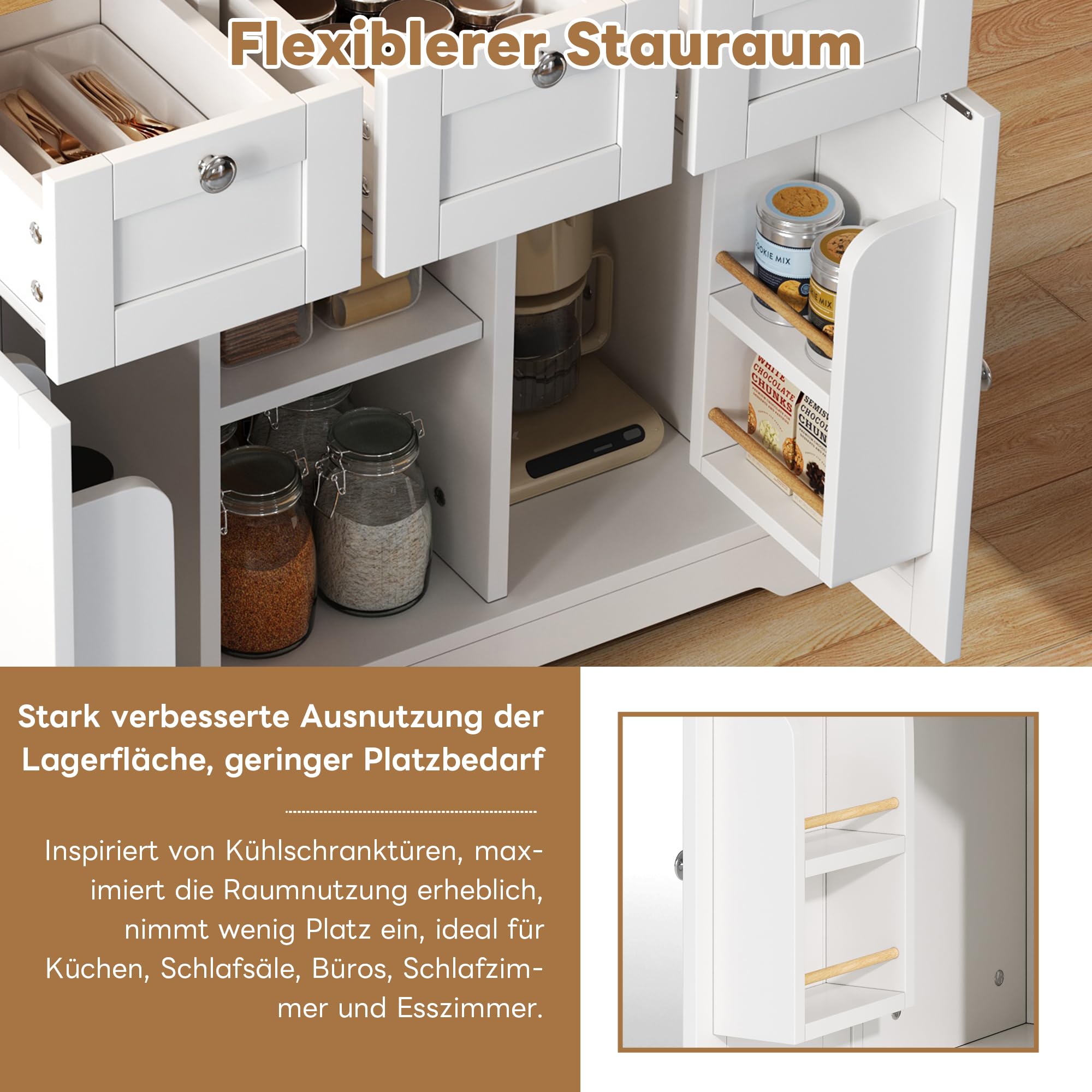 Kitchen Island - Carrello con rotelle da 132 cm, con piano di lavoro a ribalta, tavolo da pranzo in stile country, cassetti, portaspezie e porta asciugamani, finitura naturale/bianca