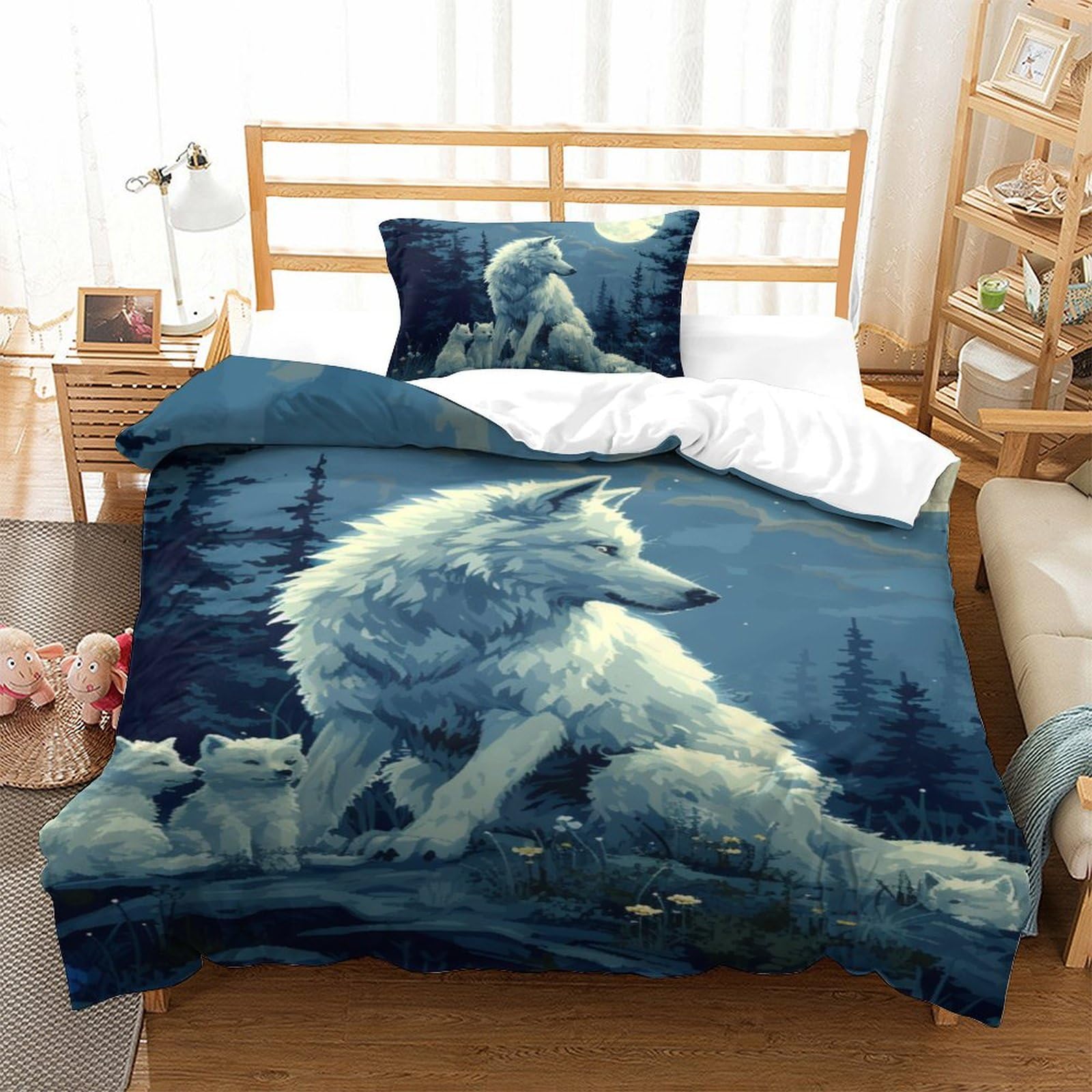 Housse de couette loup 3D microfibre anti-transpiration parure de lit single 135x200 anti-bouloche
